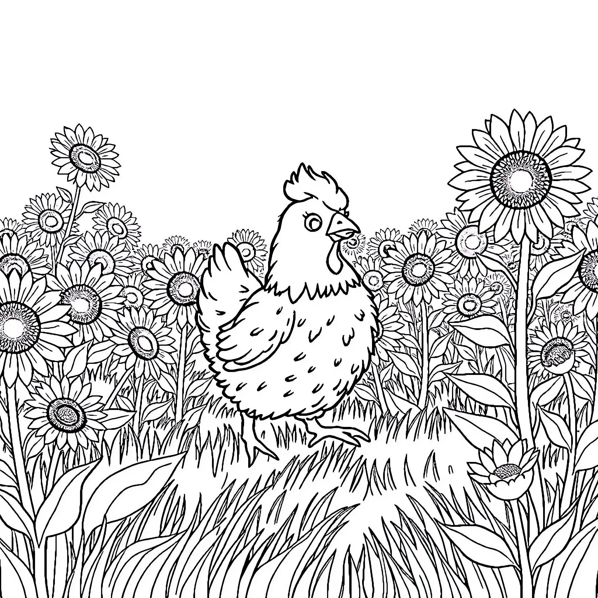 Chicken roaming amidst vibrant sunflowers Coloring Page (free black-and-white line drawing printable PDF for all, from beginners to advanced learners, including children, teens, adults, and seniors)