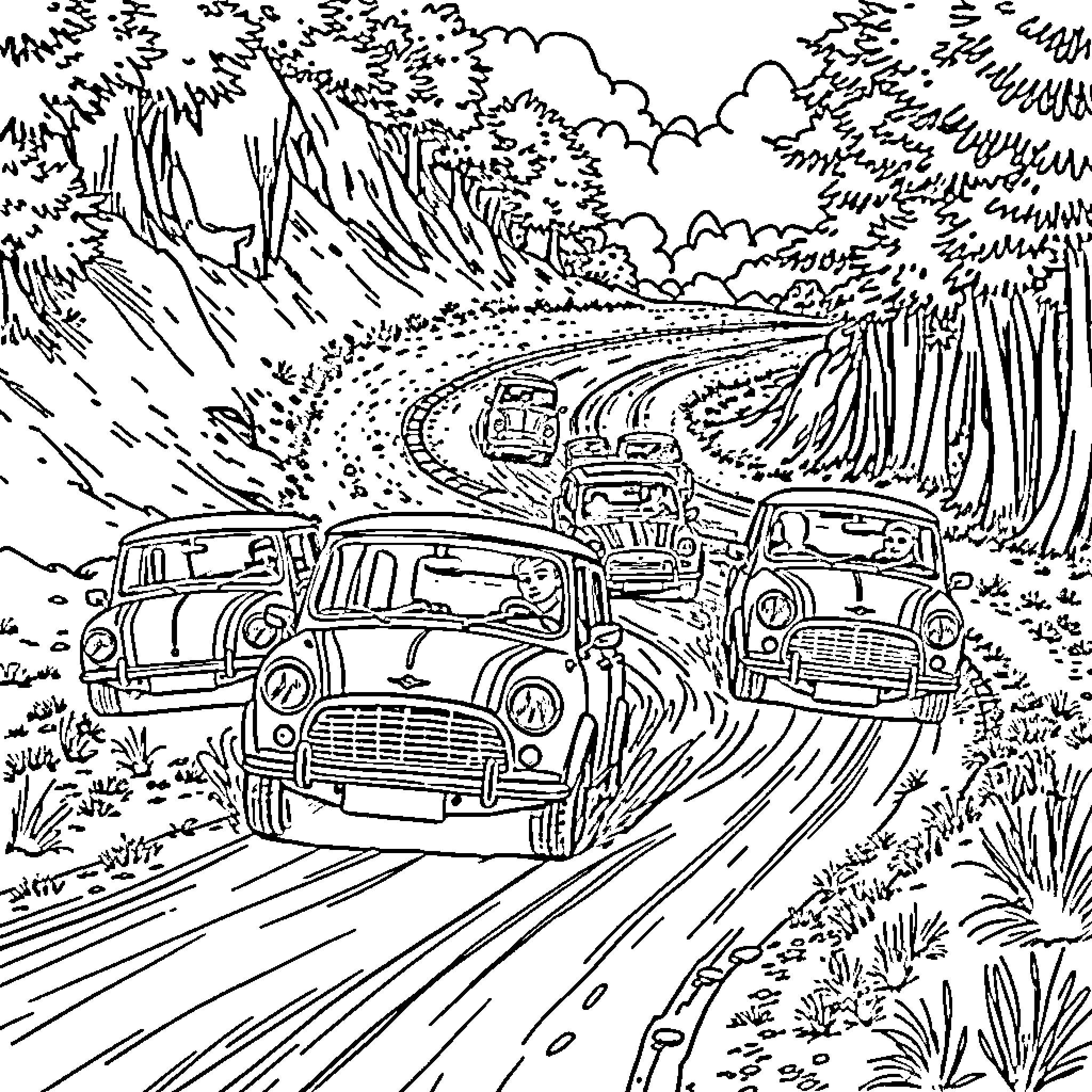 Mini Vintage Vehicles Traveling on Winding Road Coloring Page (free black-and-white line drawing printable PDF for all, from beginners to advanced learners, including children, teens, adults, and seniors)
