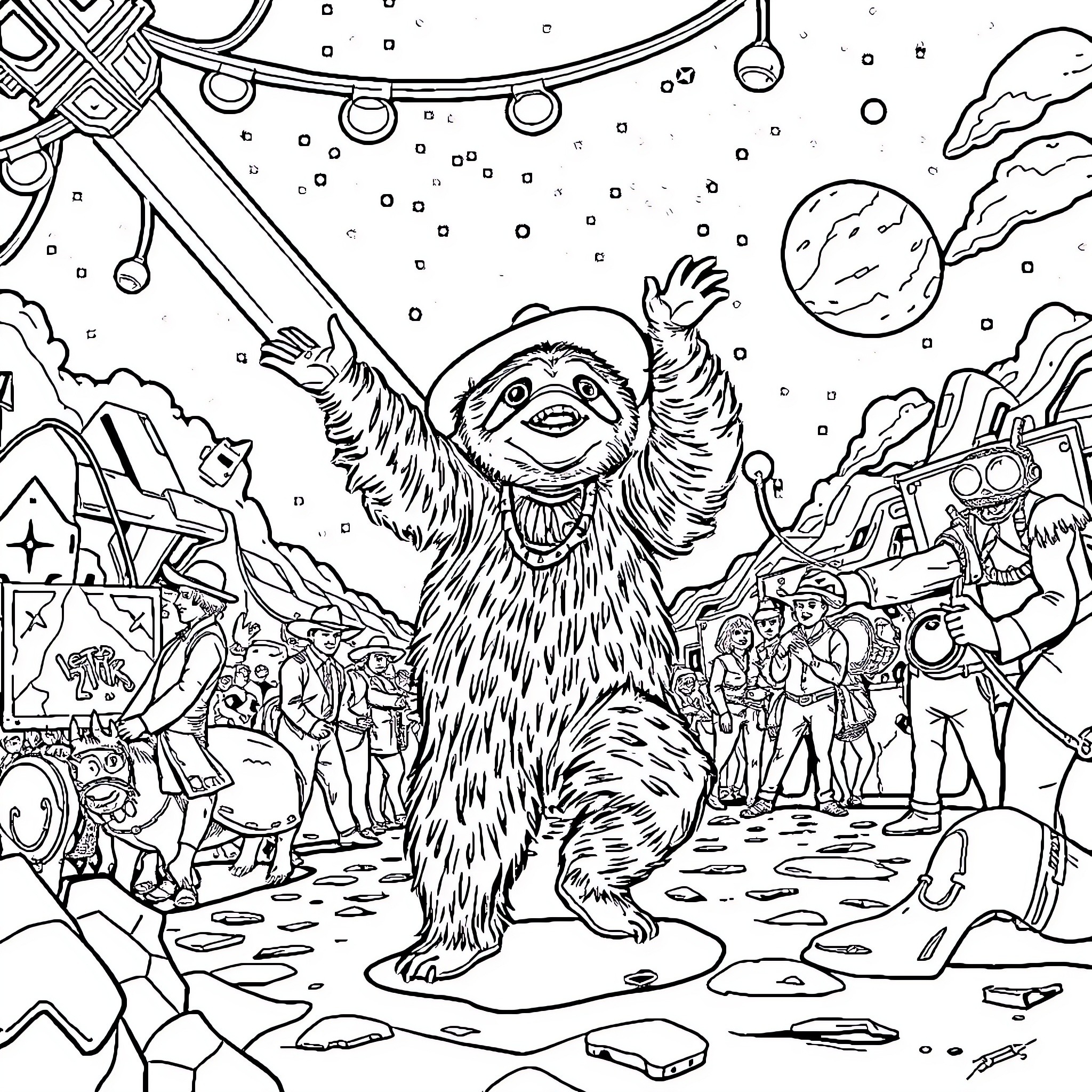 Sloth exploring the fantastical outer space scene Coloring Page (free black-and-white line drawing printable PDF for all, from beginners to advanced learners, including children, teens, adults, and seniors)