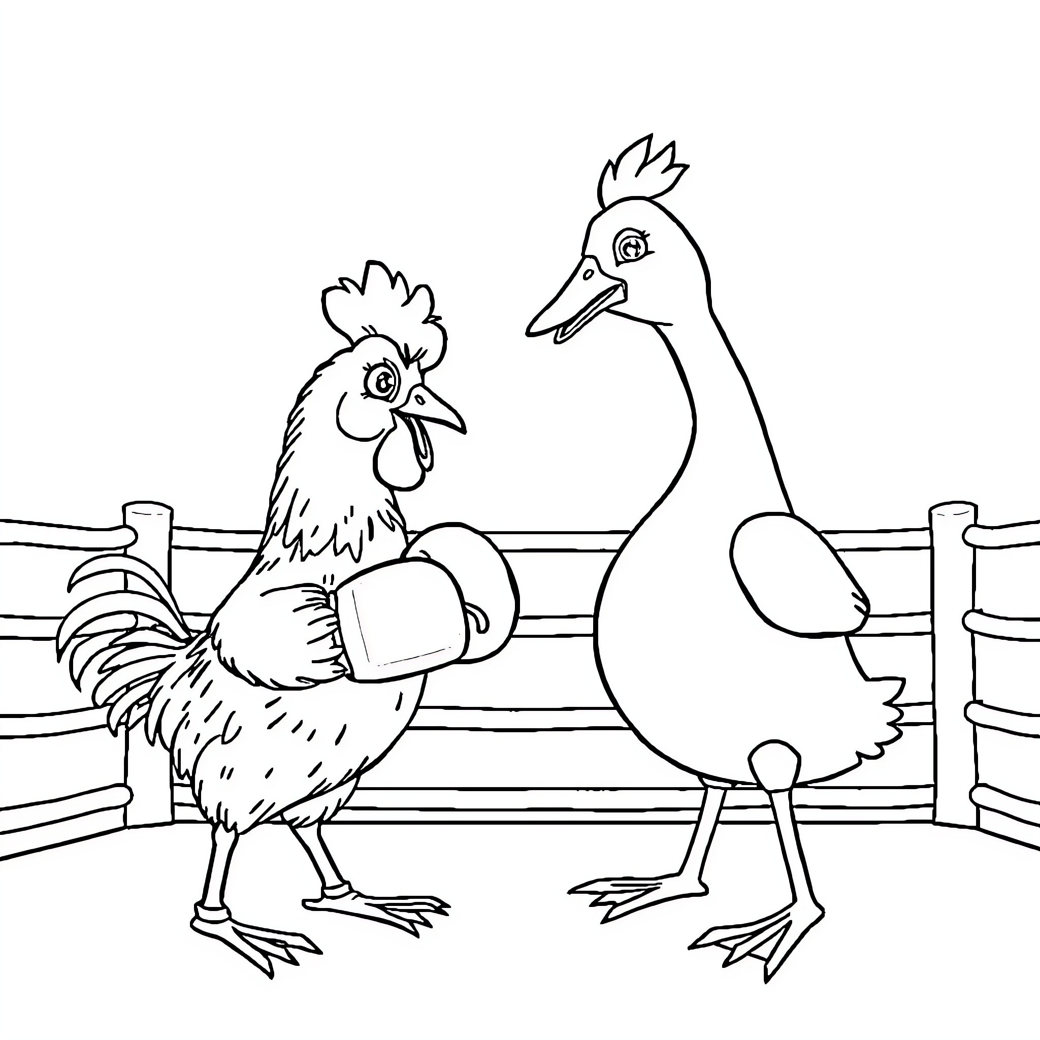 Chicken friends in a farmyard scene Coloring Page (free black-and-white line drawing printable PDF for all, from beginners to advanced learners, including children, teens, adults, and seniors)
