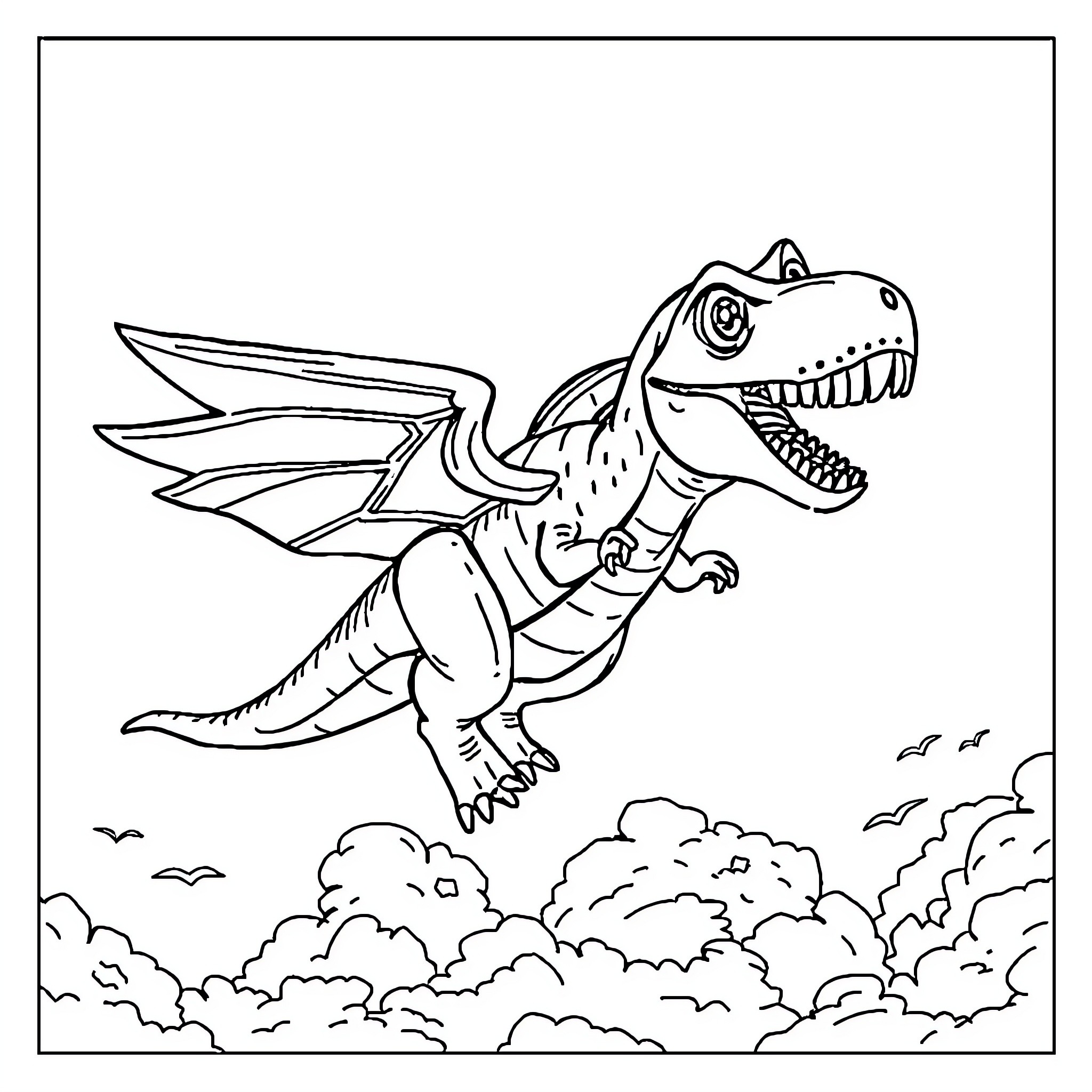 Lego T Rex soaring through the skies Coloring Page (free black-and-white line drawing printable PDF for all, from beginners to advanced learners, including children, teens, adults, and seniors)