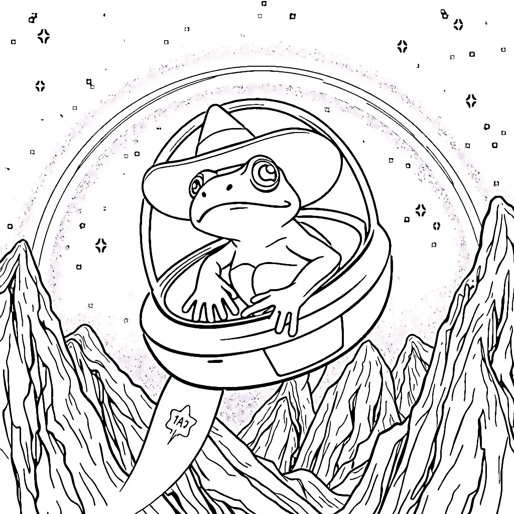 Frog Astronaut Exploring the Cosmos Coloring Page (free black-and-white line drawing printable PDF for all, from beginners to advanced learners, including children, teens, adults, and seniors)