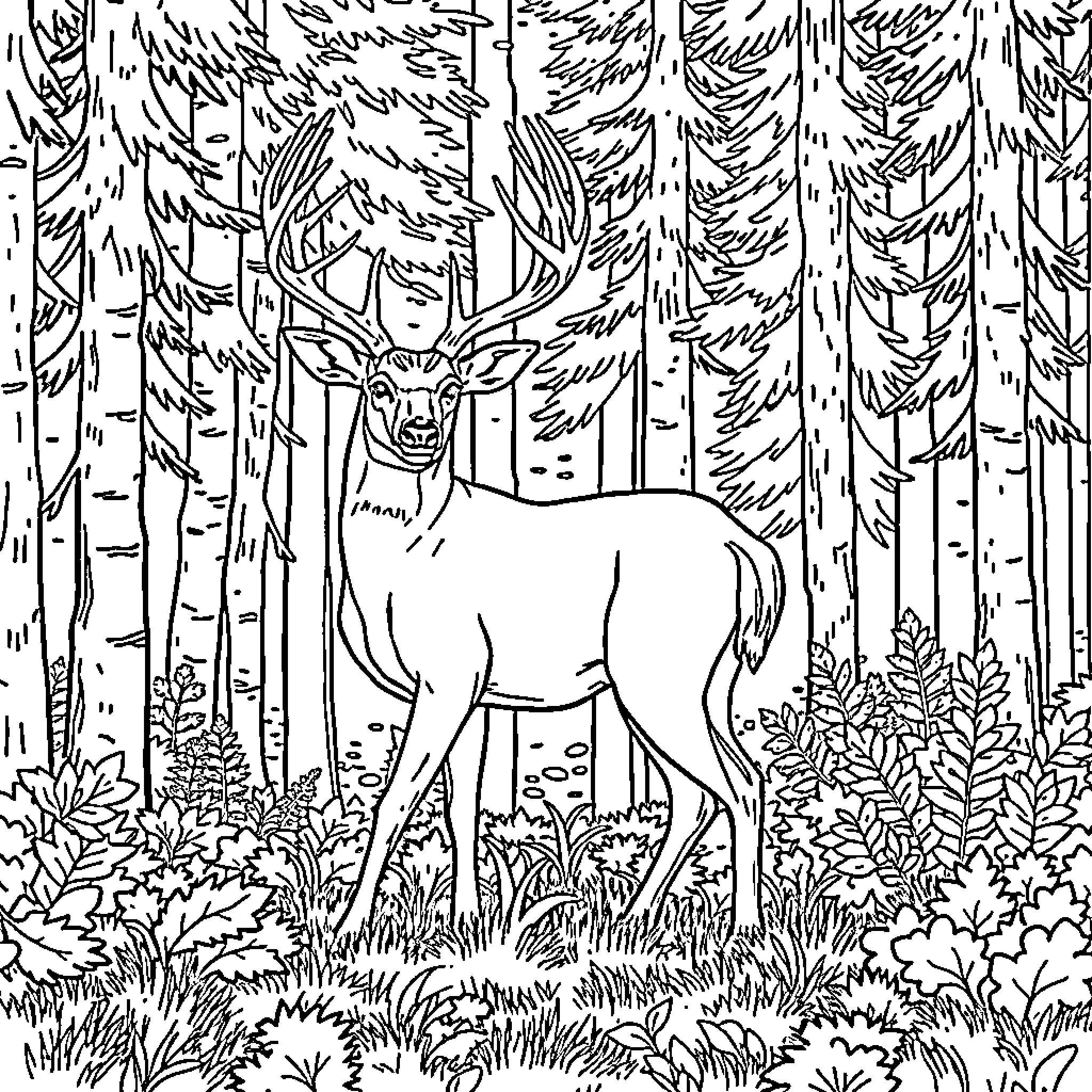 Deer standing tall in the forest Coloring Page (free black-and-white line drawing printable PDF for all, from beginners to advanced learners, including children, teens, adults, and seniors)
