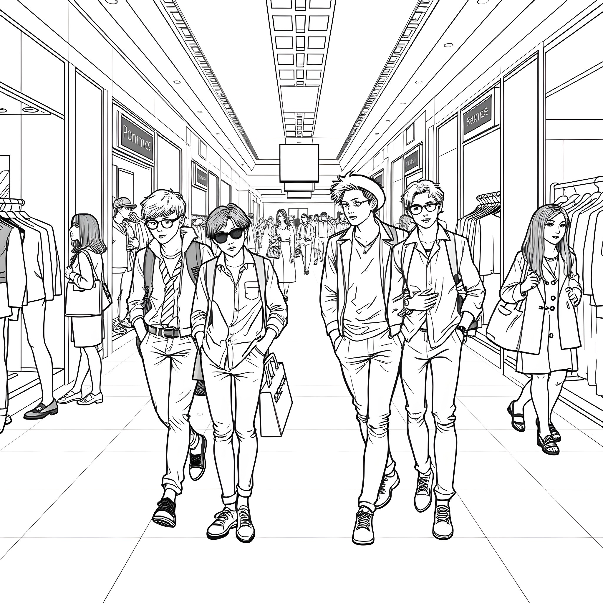 Teen Guys Walking in Crowded Mall Coloring Page (free black-and-white line drawing printable PDF for all, from beginners to advanced learners, including children, teens, adults, and seniors)