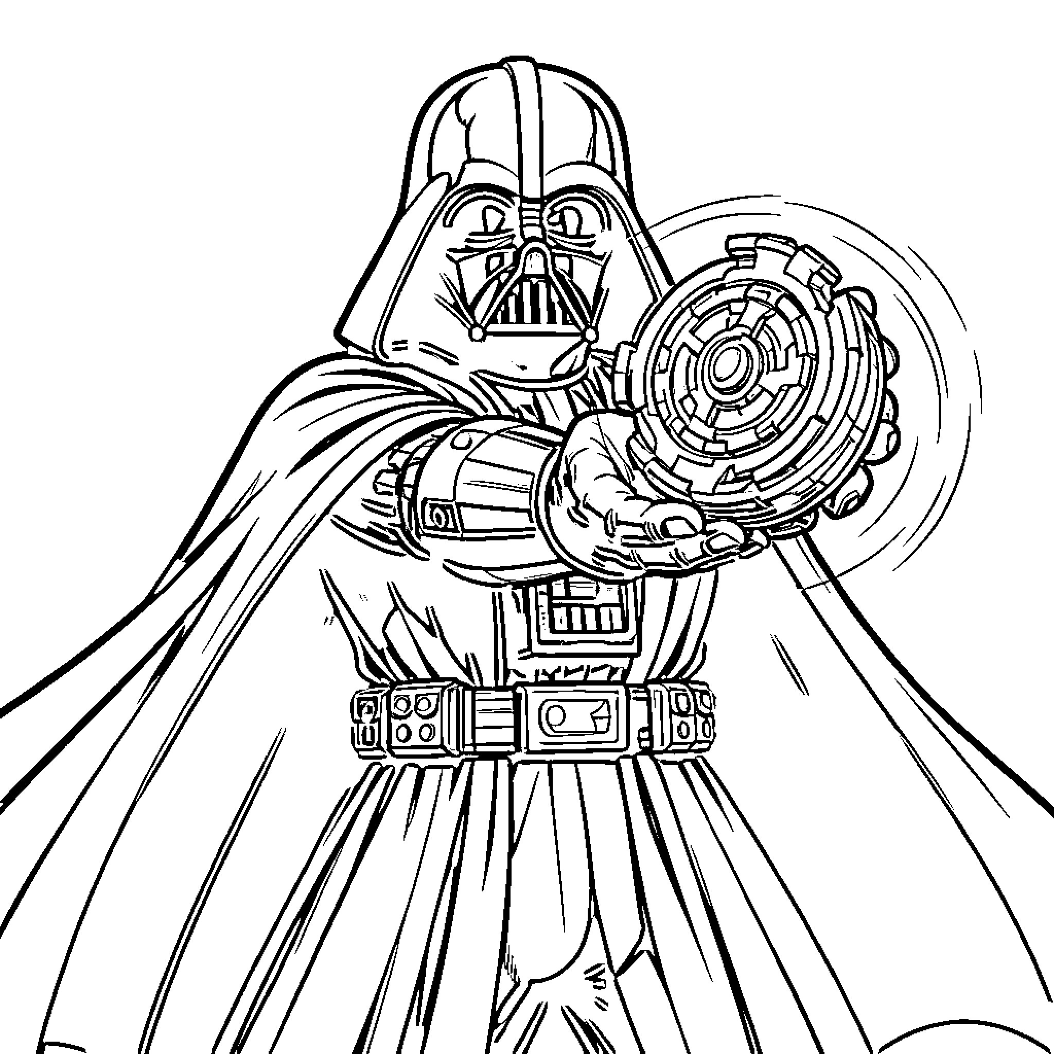 Darth Vader wielding his iconic lightsaber Coloring Page (free black-and-white line drawing printable PDF for all, from beginners to advanced learners, including children, teens, adults, and seniors)