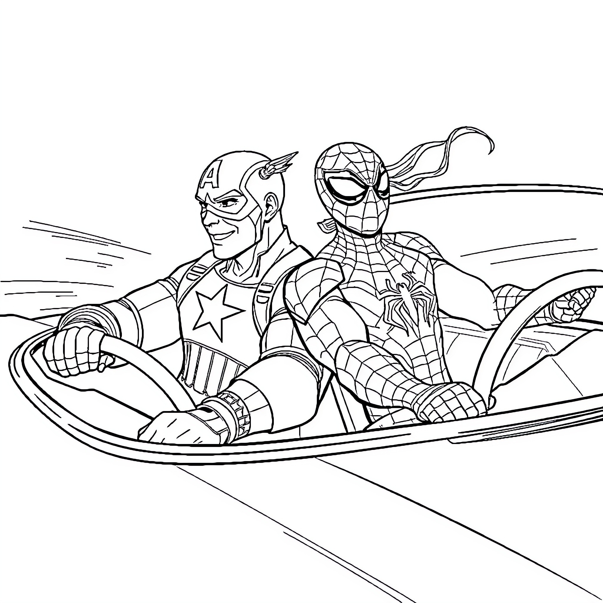 Car Race with Superhero Characters Coloring Page (free black-and-white line drawing printable PDF for all, from beginners to advanced learners, including children, teens, adults, and seniors)