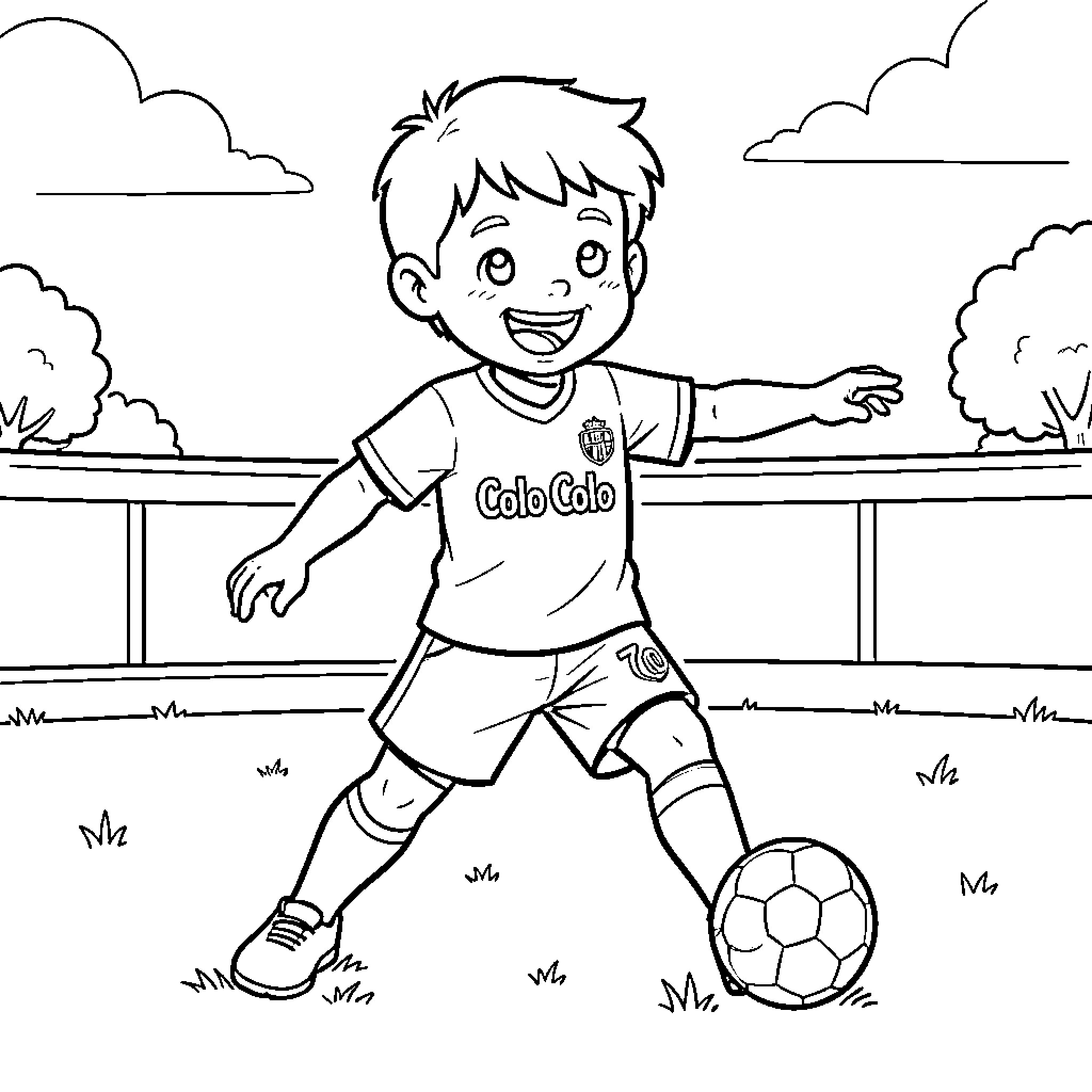 Niño playing soccer enthusiastically on the field Coloring Page (free black-and-white line drawing printable PDF for all, from beginners to advanced learners, including children, teens, adults, and seniors)