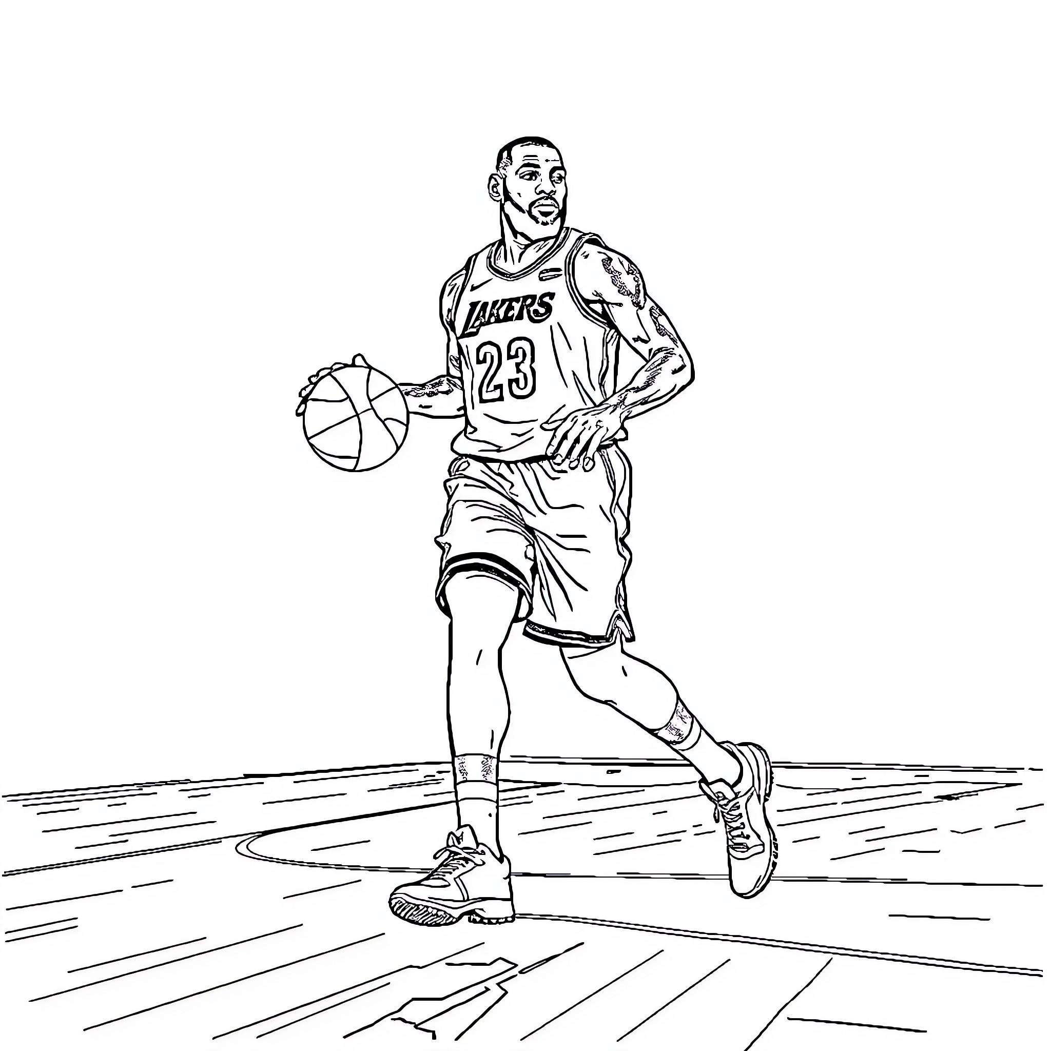 LeBron James in Action on the Basketball Court Coloring Page (free black-and-white line drawing printable PDF for all, from beginners to advanced learners, including children, teens, adults, and seniors)
