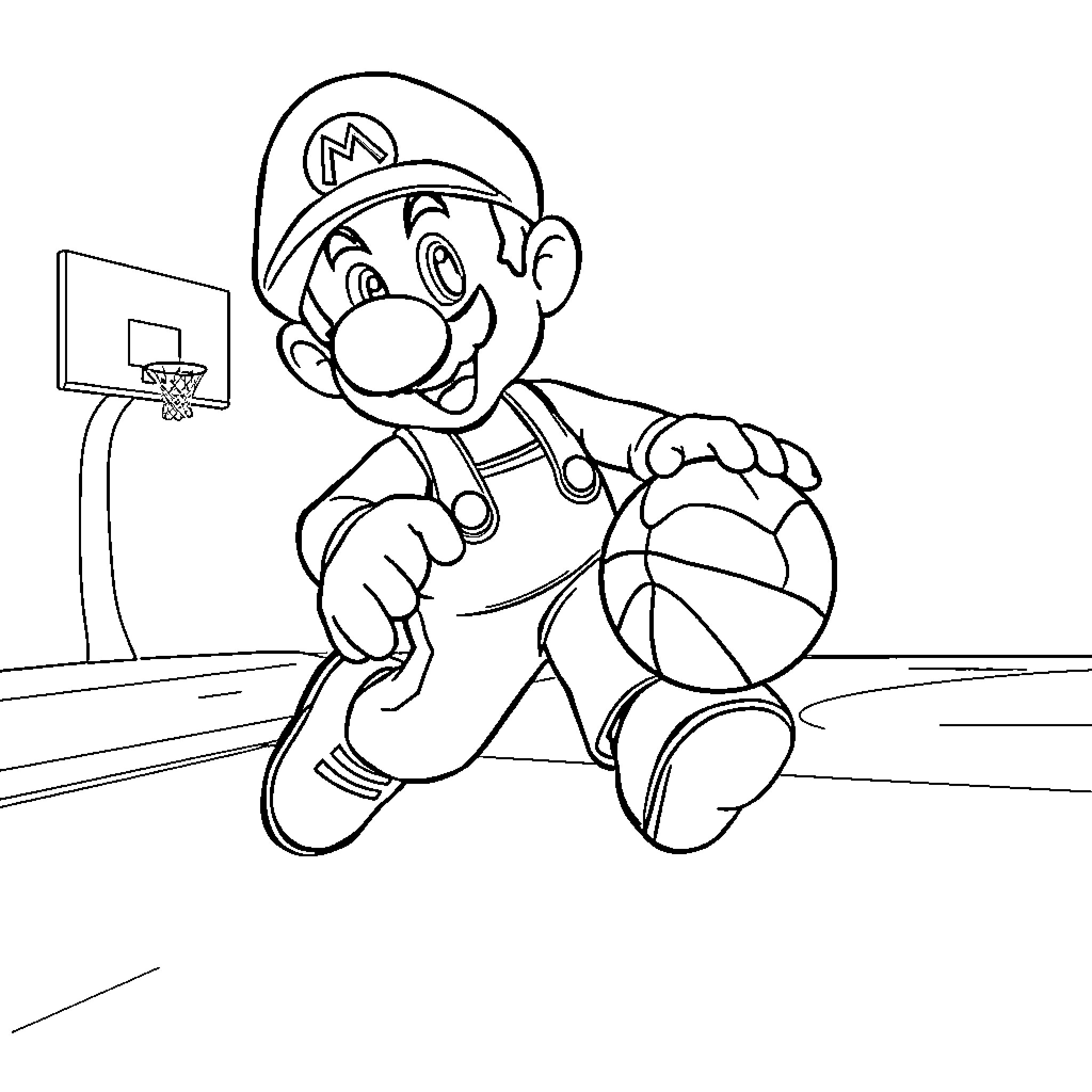 Mario playing basketball on the court Coloring Page (free black-and-white line drawing printable PDF for all, from beginners to advanced learners, including children, teens, adults, and seniors)