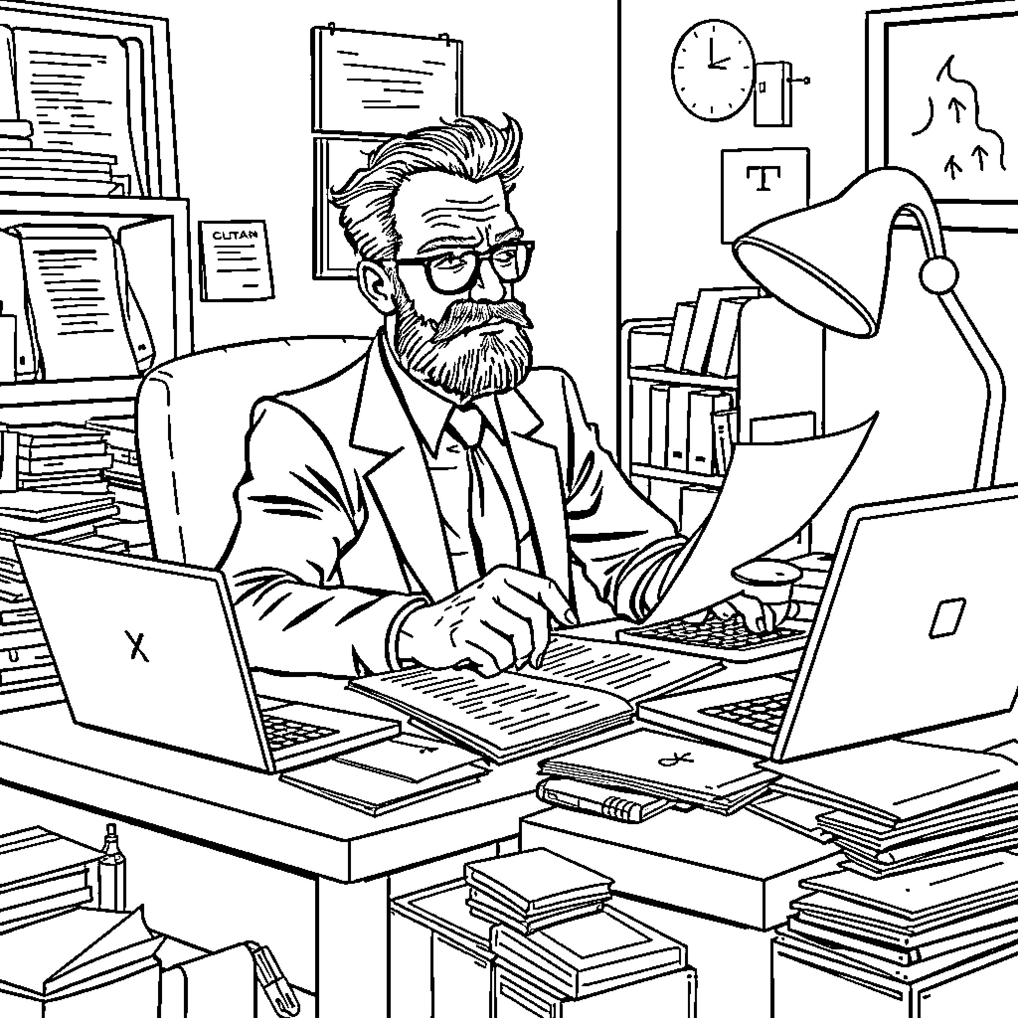 Mr. X working diligently on his laptop in a cluttered office Coloring Page (free black-and-white line drawing printable PDF for all, from beginners to advanced learners, including children, teens, adults, and seniors)