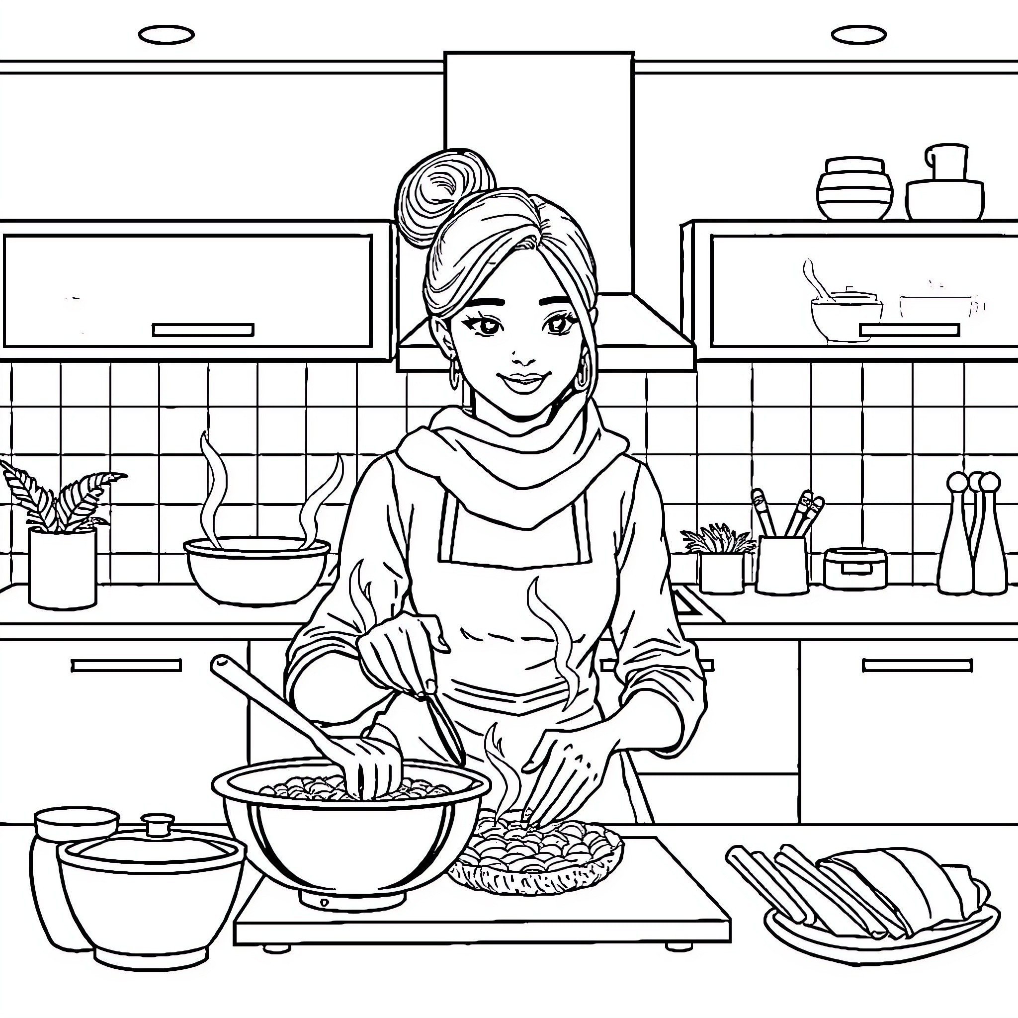 Pemuda Enjoying Homemade Meal in the Kitchen Coloring Page (free black-and-white line drawing printable PDF for all, from beginners to advanced learners, including children, teens, adults, and seniors)