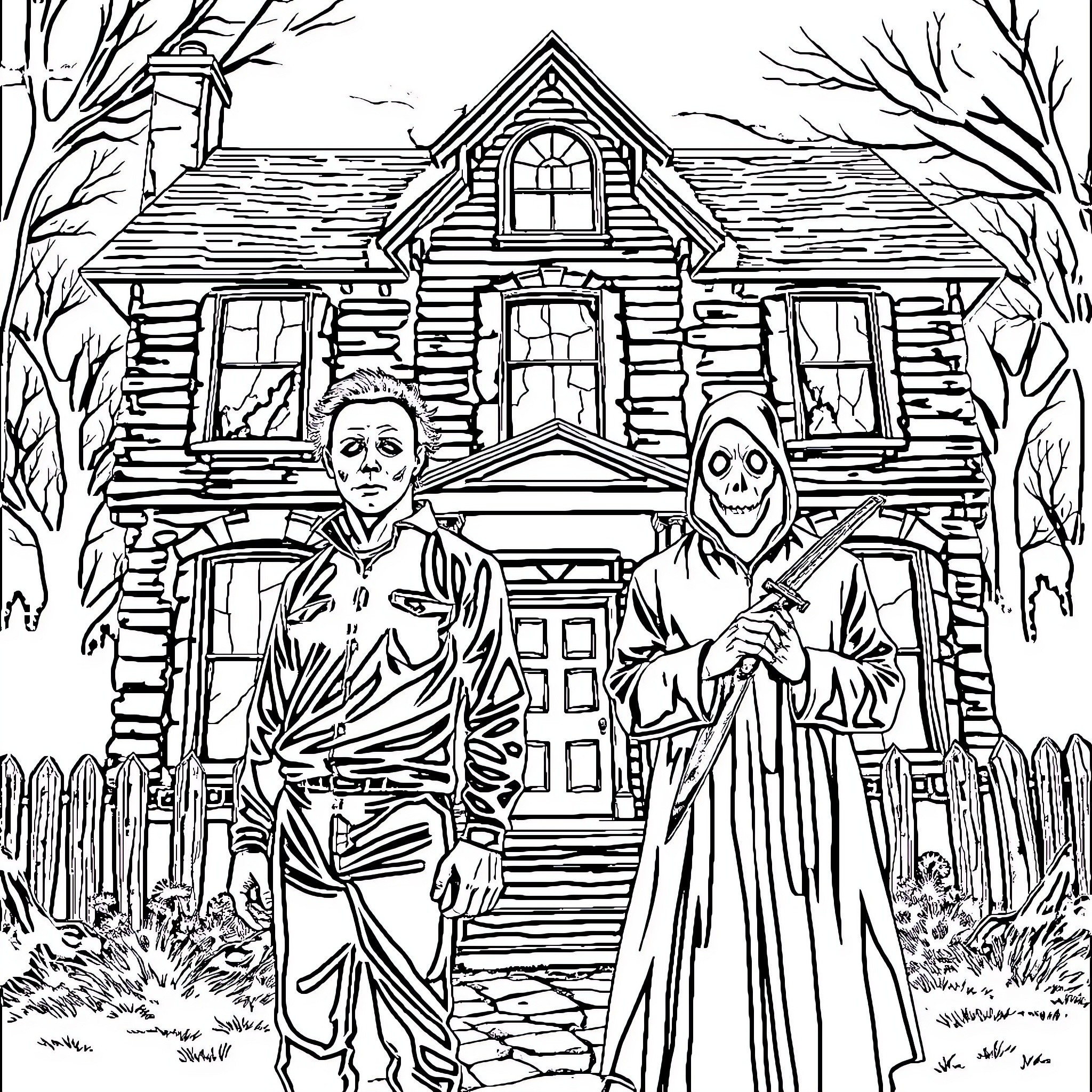 Michael Myers stalking outside spooky haunted house Coloring Page (free black-and-white line drawing printable PDF for all, from beginners to advanced learners, including children, teens, adults, and seniors)