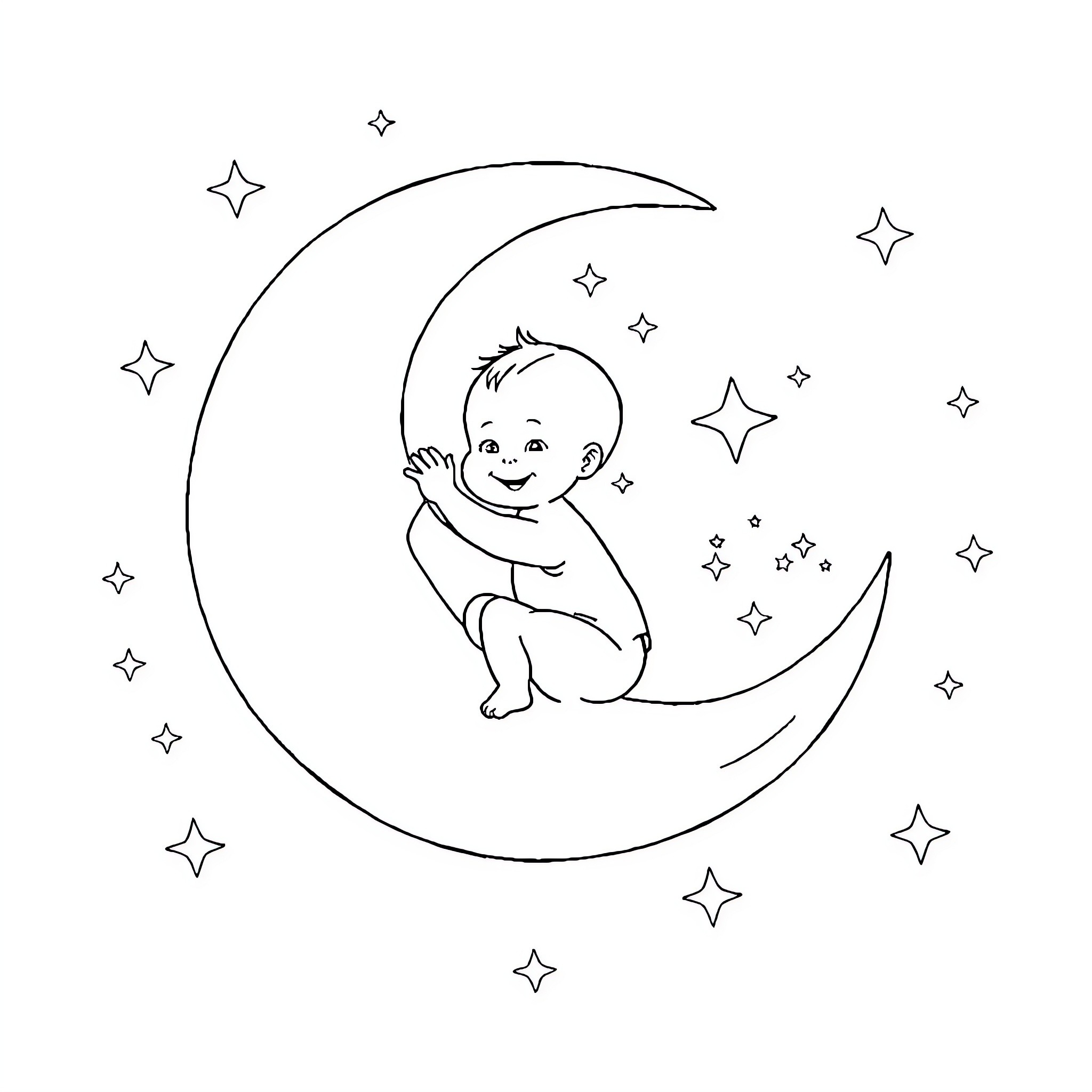 Baby sitting on crescent moon surrounded by stars Coloring Page (free black-and-white line drawing printable PDF for all, from beginners to advanced learners, including children, teens, adults, and seniors)