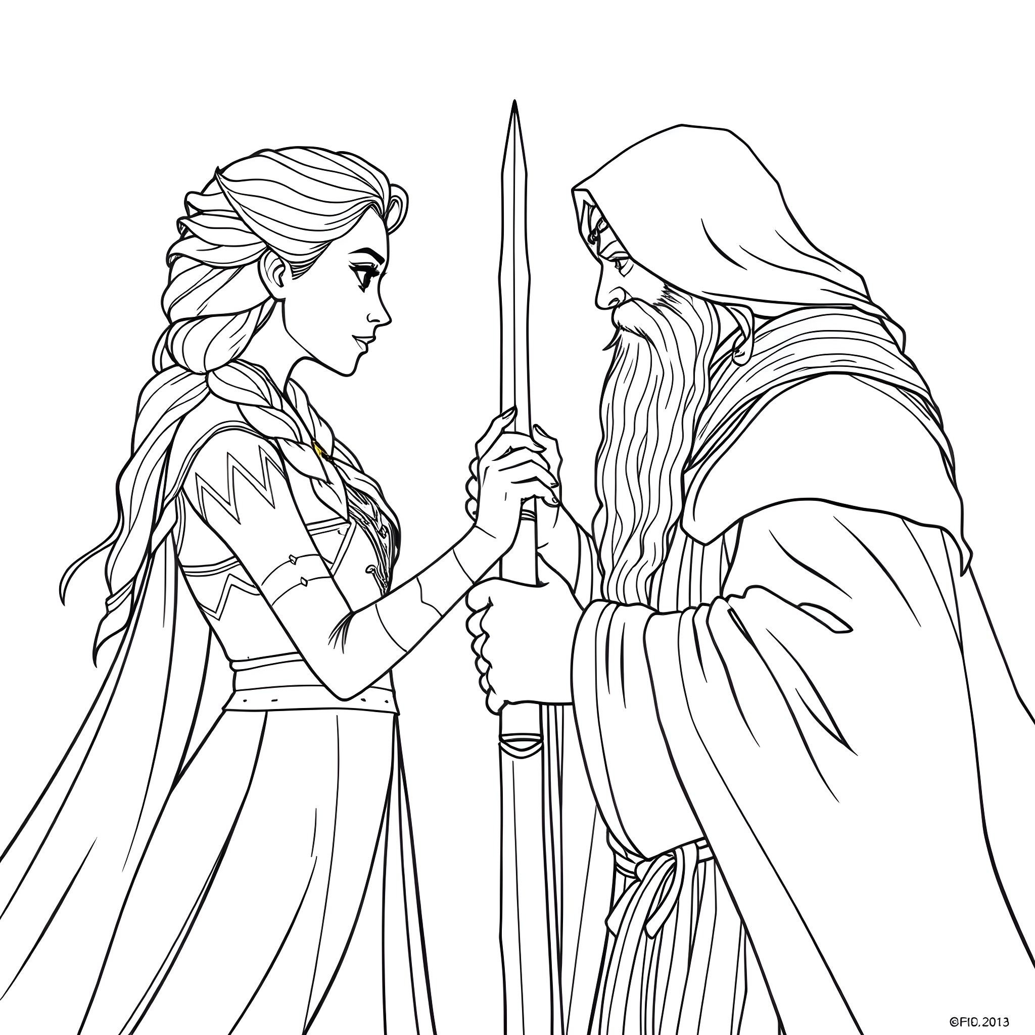 Elsa and the Wise Old Wizard Coloring Page (free black-and-white line drawing printable PDF for all, from beginners to advanced learners, including children, teens, adults, and seniors)