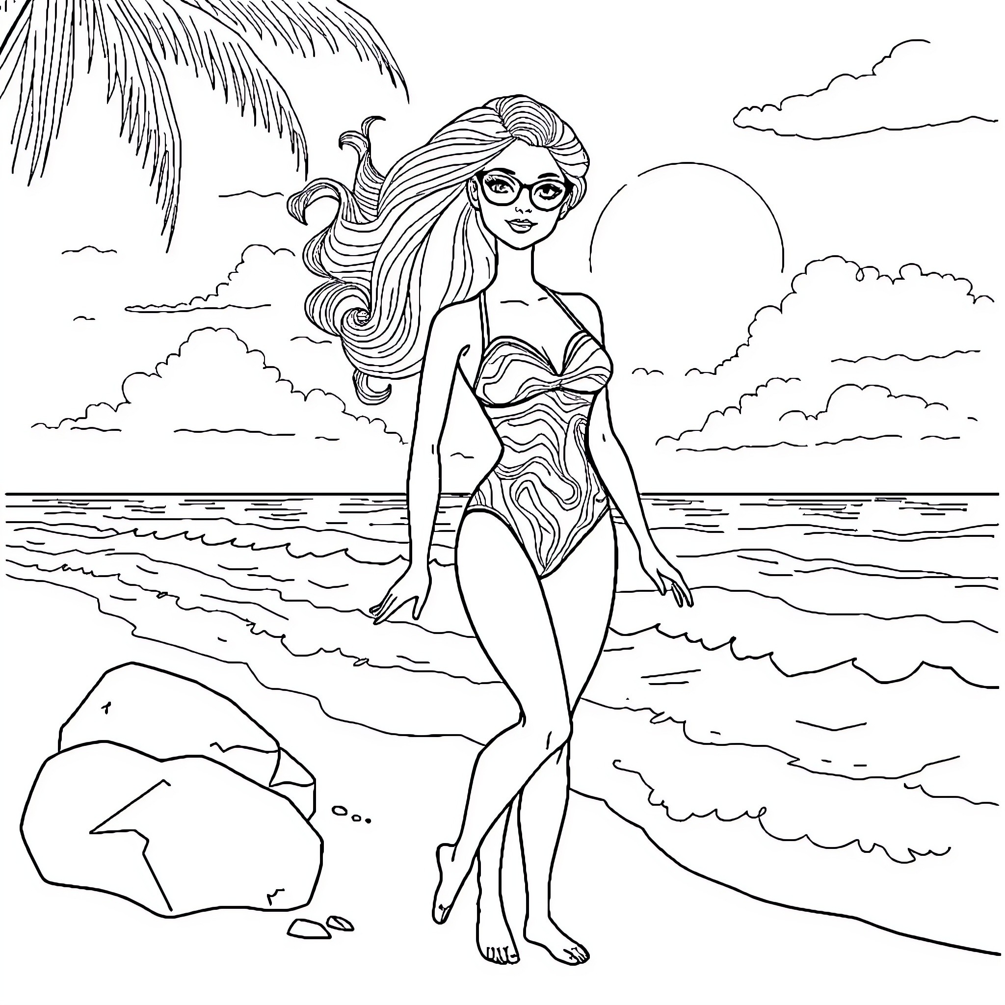 Barbie enjoying a sunny day at the beach Coloring Page (free black-and-white line drawing printable PDF for all, from beginners to advanced learners, including children, teens, adults, and seniors)