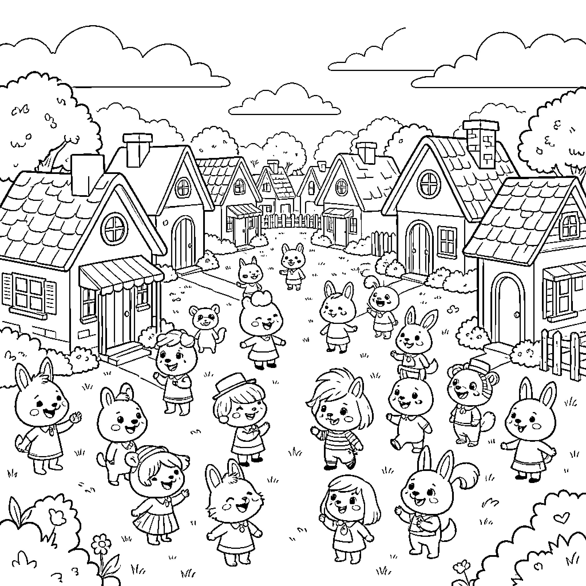 Animal Crossing: Villagers Enjoying Outdoor Activities Coloring Page (free black-and-white line drawing printable PDF for all, from beginners to advanced learners, including children, teens, adults, and seniors)