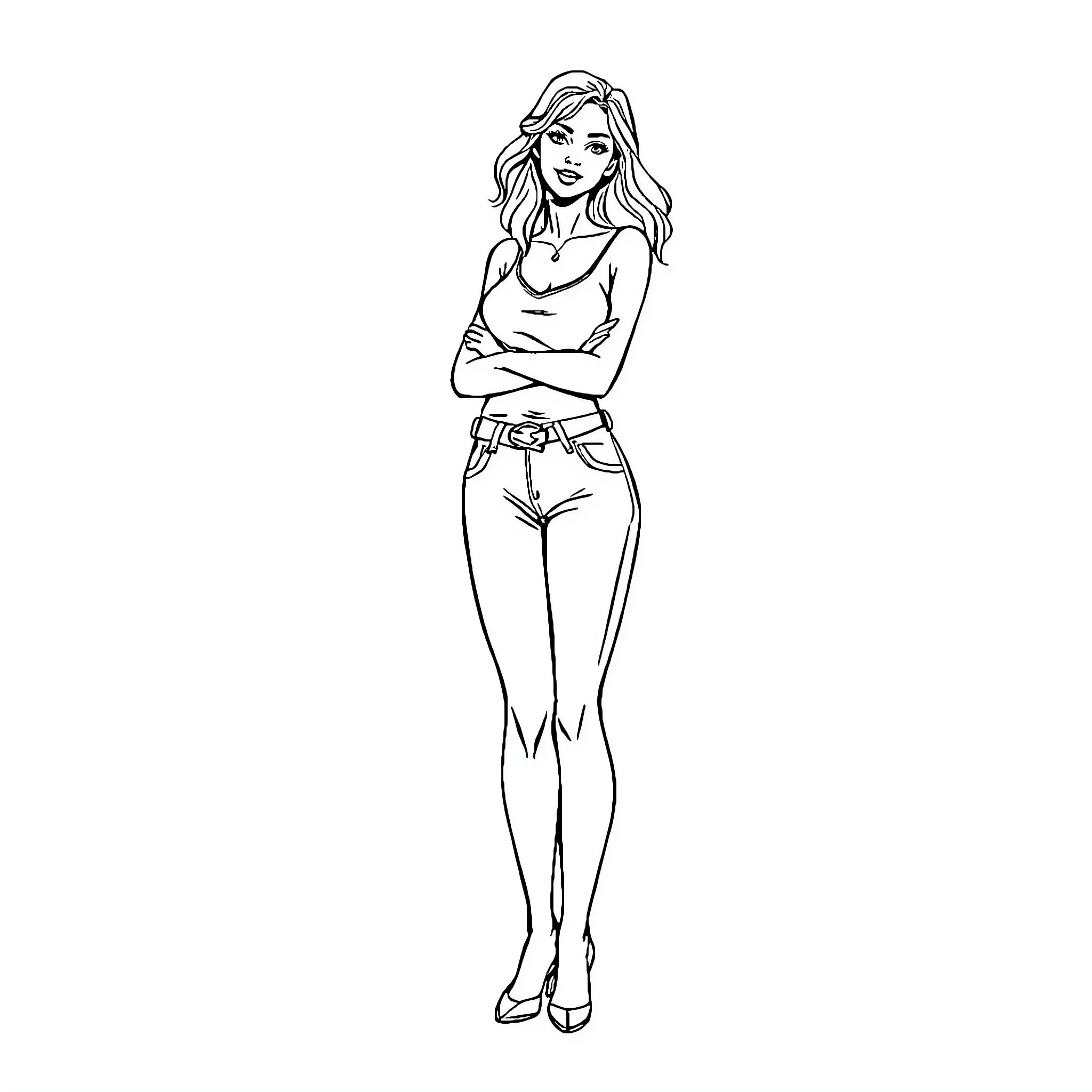 Woman standing confidently with crossed arms Coloring Page (free black-and-white line drawing printable PDF for all, from beginners to advanced learners, including children, teens, adults, and seniors)