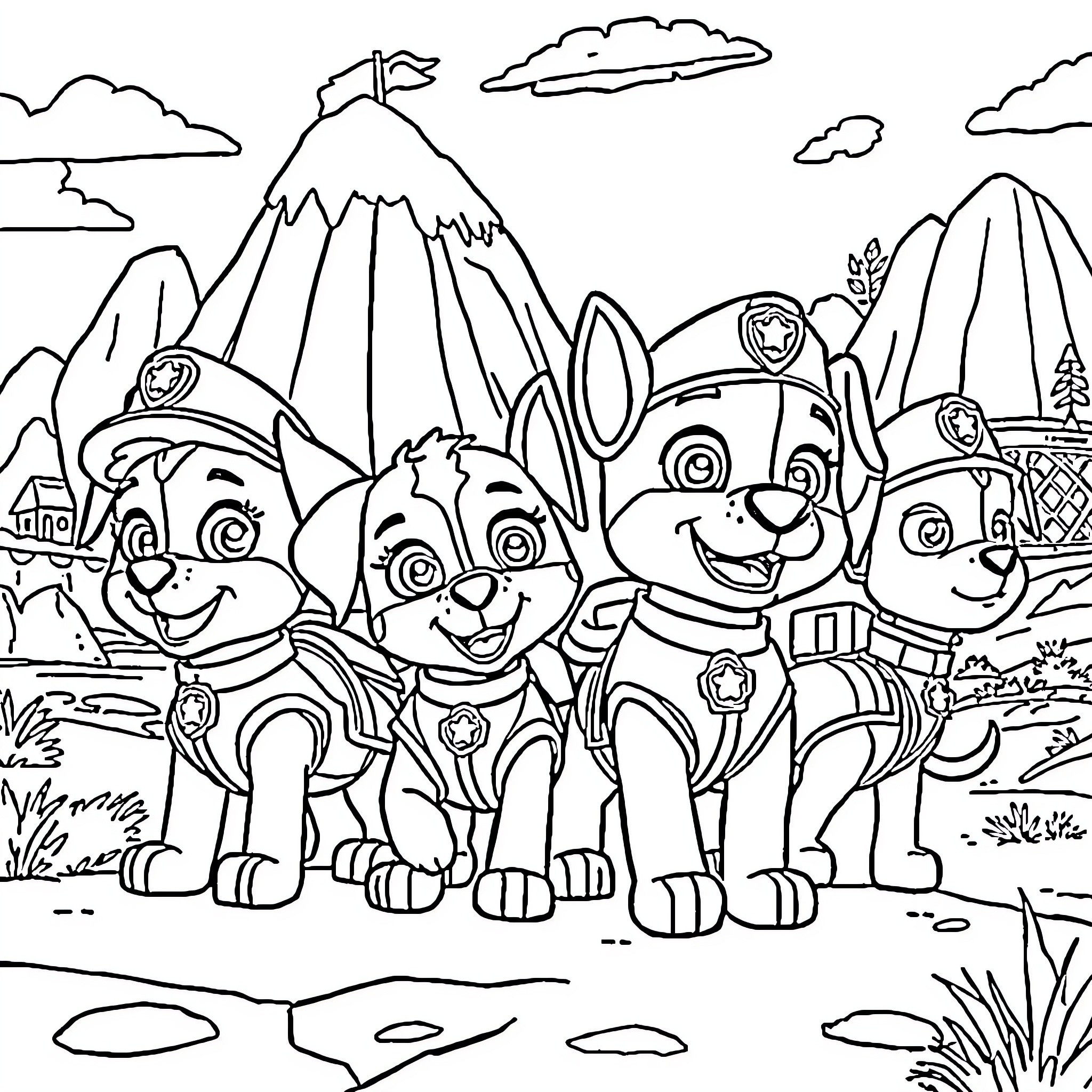 Paw Patrol characters explore the mountain landscape Coloring Page (free black-and-white line drawing printable PDF for all, from beginners to advanced learners, including children, teens, adults, and seniors)