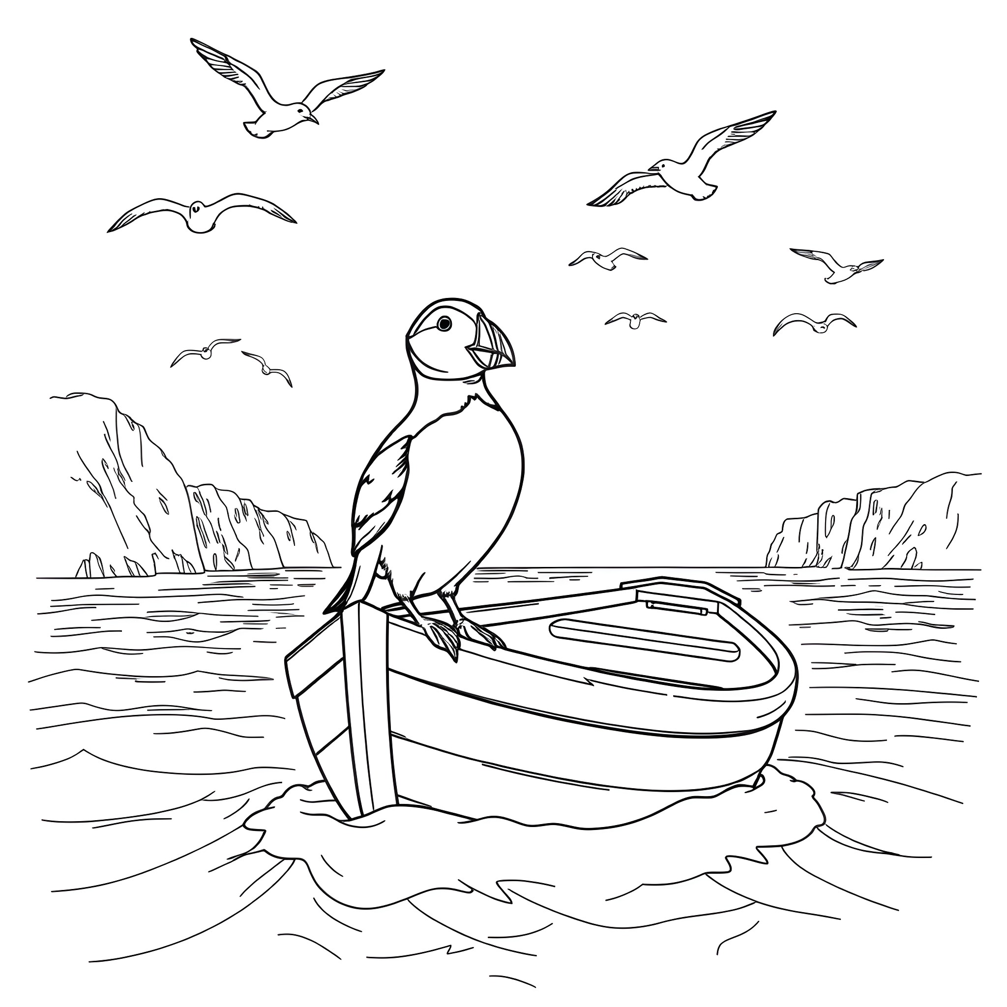 Puffin perched on a boat in the ocean Coloring Page (free black-and-white line drawing printable PDF for all, from beginners to advanced learners, including children, teens, adults, and seniors)