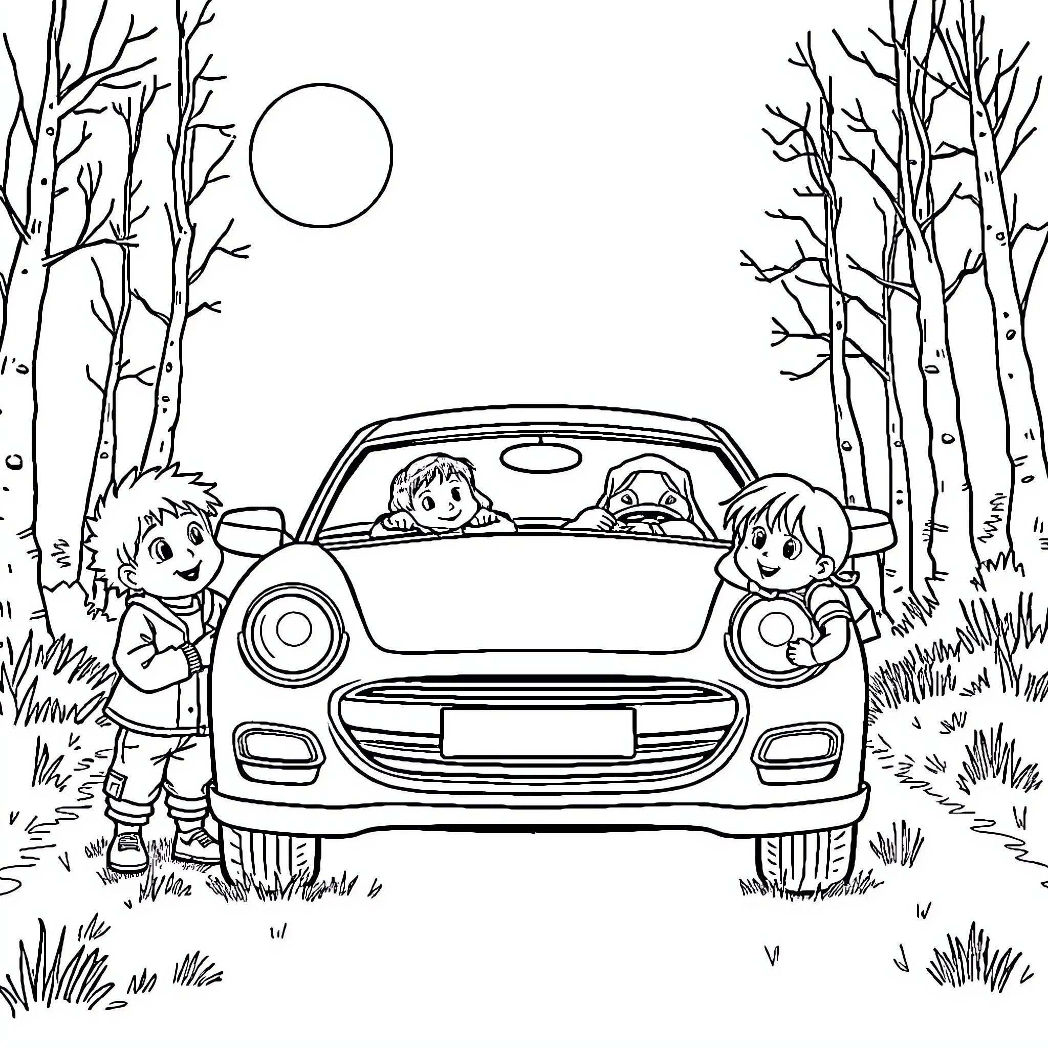 Child Driving Car in Forest Scenery Coloring Page (free black-and-white line drawing printable PDF for all, from beginners to advanced learners, including children, teens, adults, and seniors)