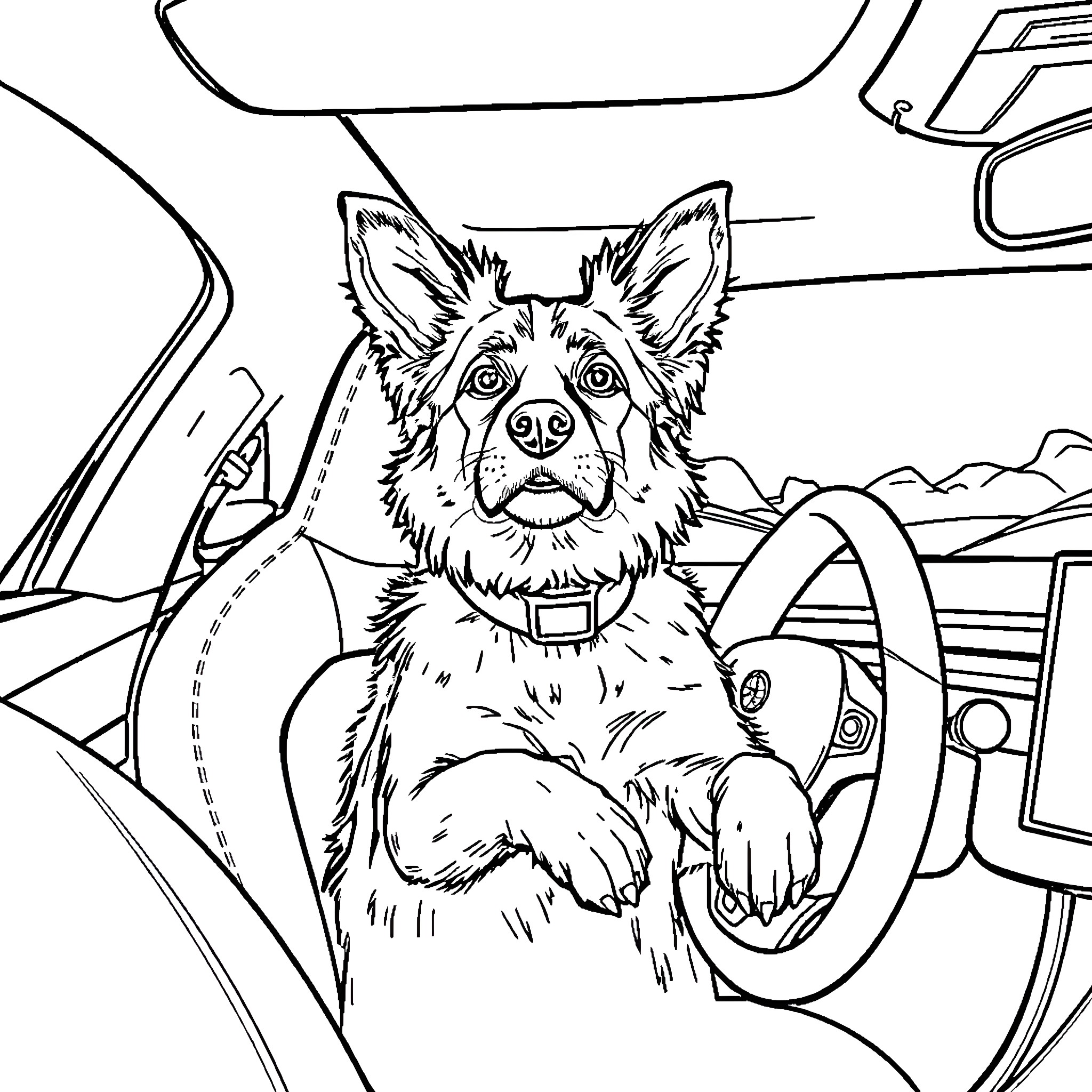Dog riding in the car with owner Coloring Page (free black-and-white line drawing printable PDF for all, from beginners to advanced learners, including children, teens, adults, and seniors)