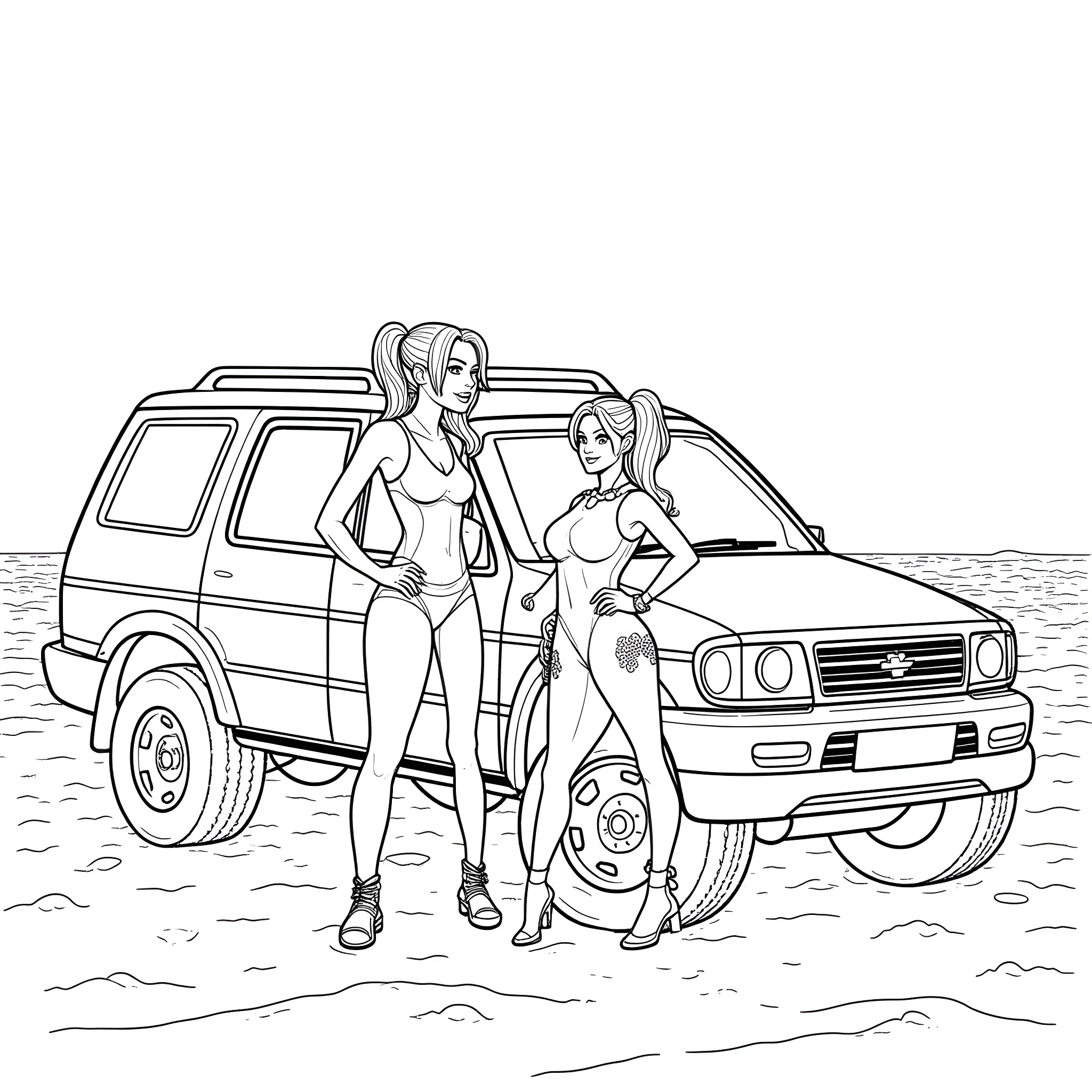 Harley Quinn and companion posing near a 4x4 vehicle Coloring Page (free black-and-white line drawing printable PDF for all, from beginners to advanced learners, including children, teens, adults, and seniors)