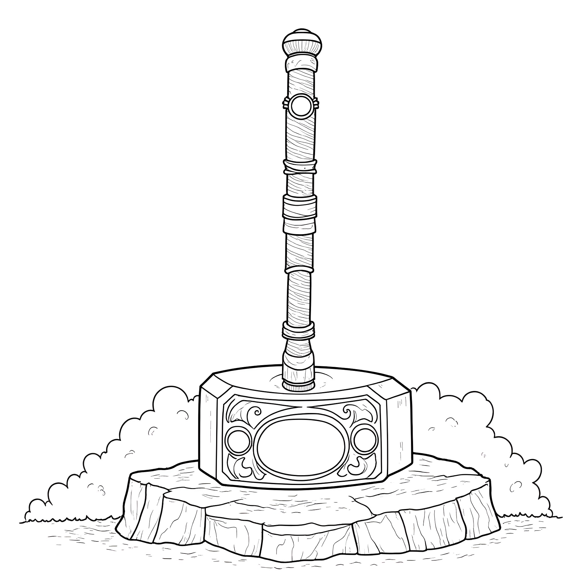 Thor's Mighty Hammer on Pedestal Coloring Page (free black-and-white line drawing printable PDF for all, from beginners to advanced learners, including children, teens, adults, and seniors)