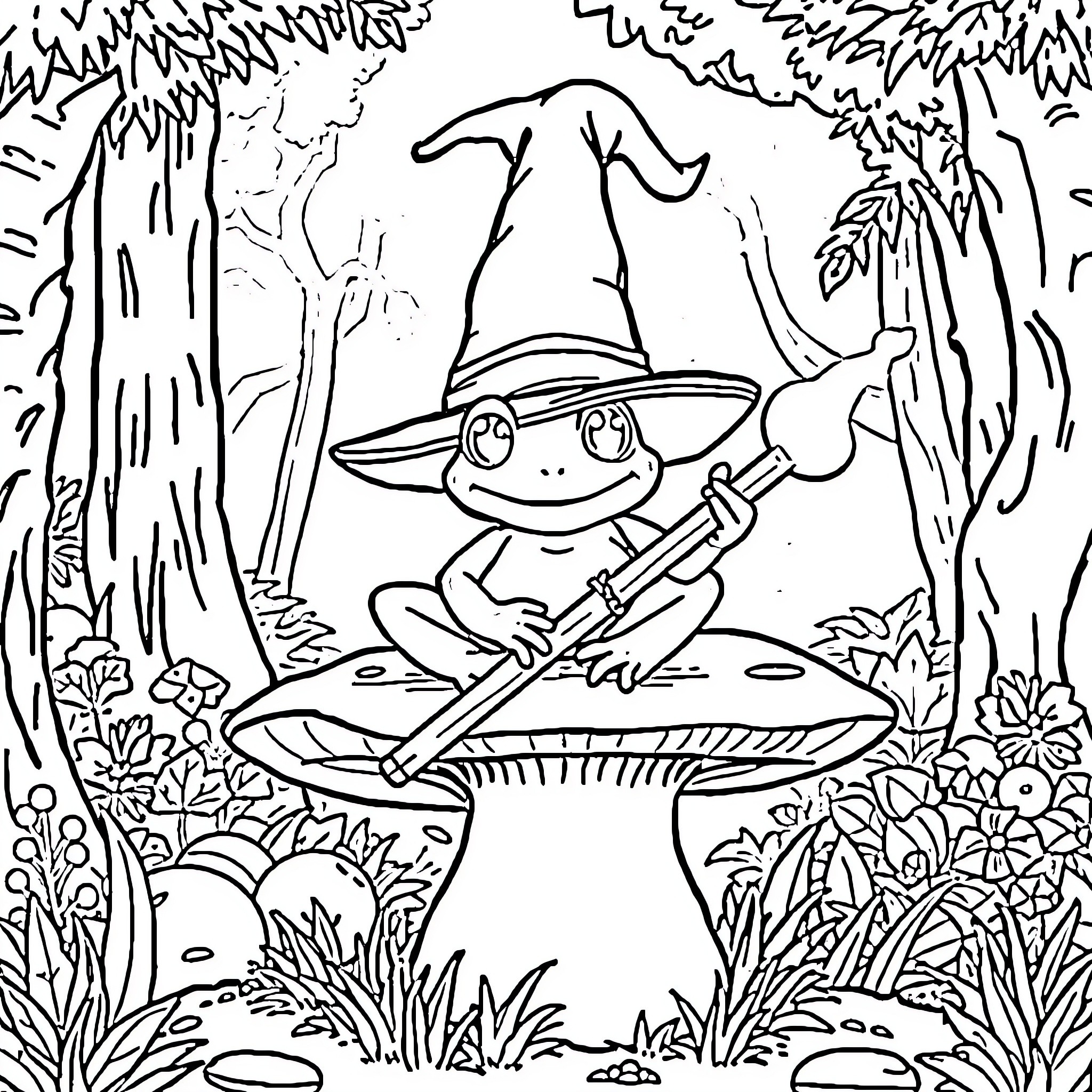 Frog Wizard Sitting on Mushroom in Enchanted Forest Coloring Page (free black-and-white line drawing printable PDF for all, from beginners to advanced learners, including children, teens, adults, and seniors)