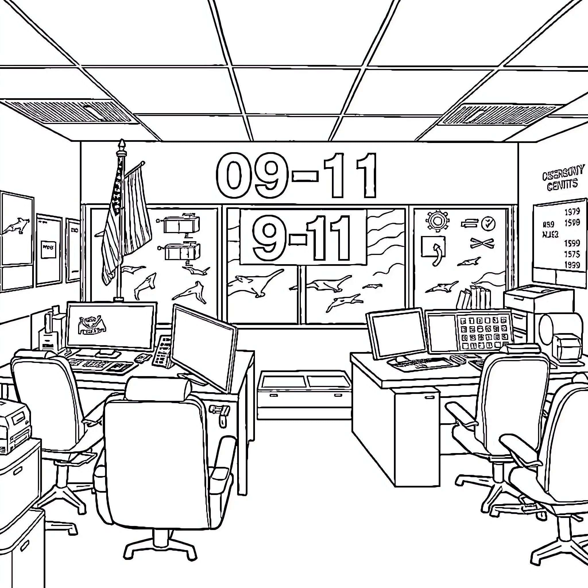 911 Emergency Response Center with Office Equipment Coloring Page (free black-and-white line drawing printable PDF for all, from beginners to advanced learners, including children, teens, adults, and seniors)