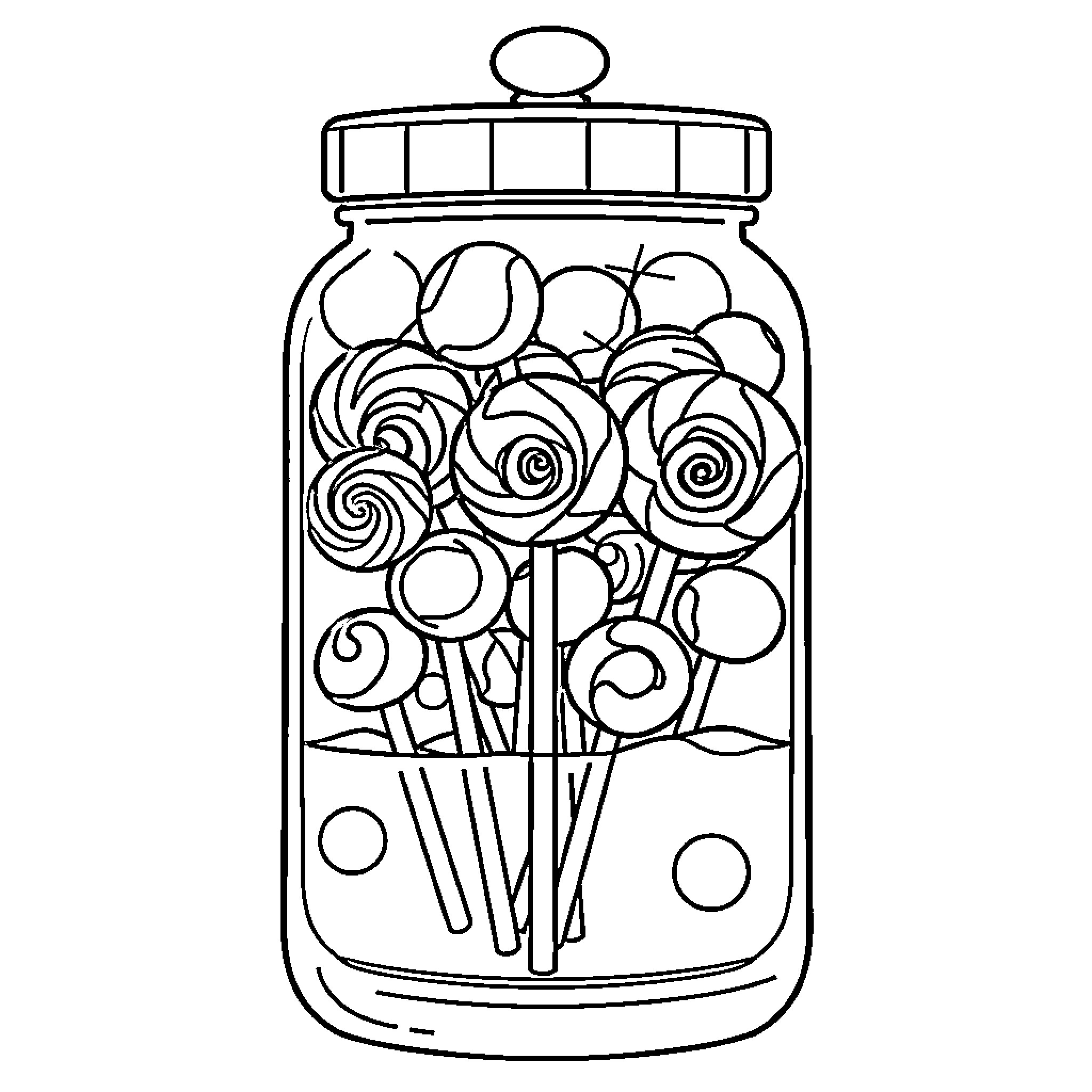 Candy Roses in a Jar Coloring Page (free black-and-white line drawing printable PDF for all, from beginners to advanced learners, including children, teens, adults, and seniors)