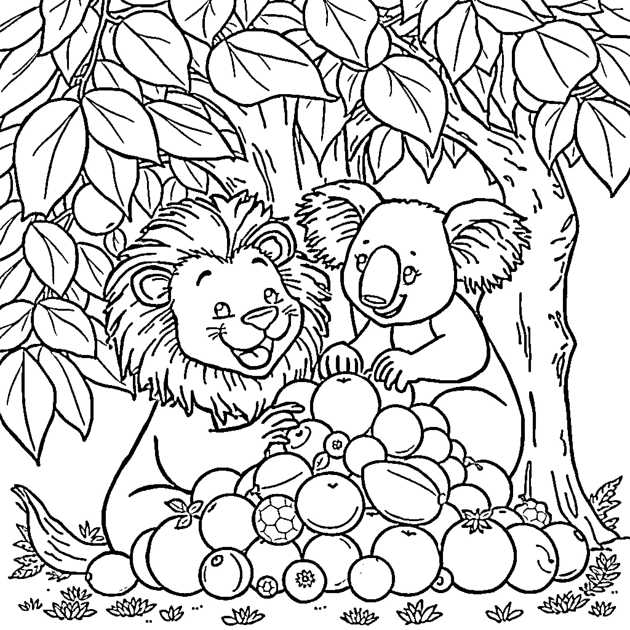 Lion and Koala Playing Amidst Lush Foliage Coloring Page (free black-and-white line drawing printable PDF for all, from beginners to advanced learners, including children, teens, adults, and seniors)