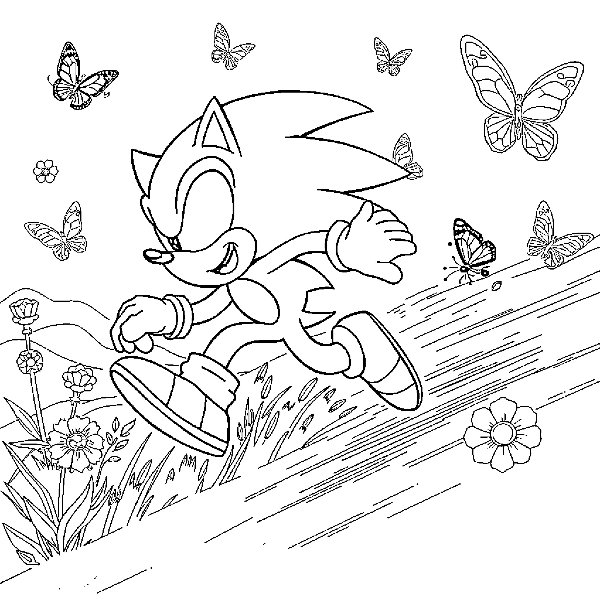 Sonic running through a floral meadow with butterflies Coloring Page (free black-and-white line drawing printable PDF for all, from beginners to advanced learners, including children, teens, adults, and seniors)