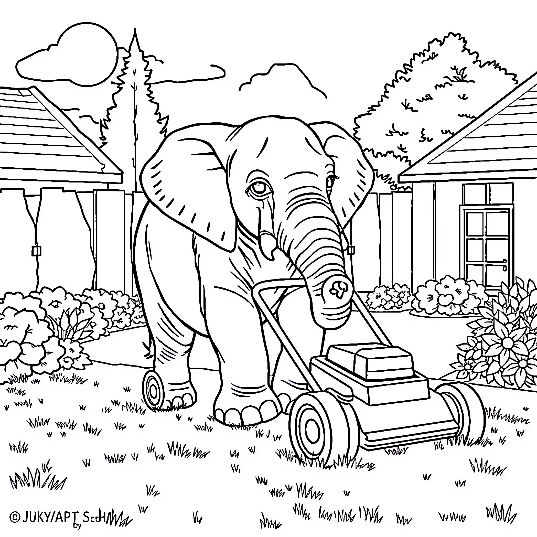 Elephant mowing the lawn in a suburban neighborhood Coloring Page (free black-and-white line drawing printable PDF for all, from beginners to advanced learners, including children, teens, adults, and seniors)