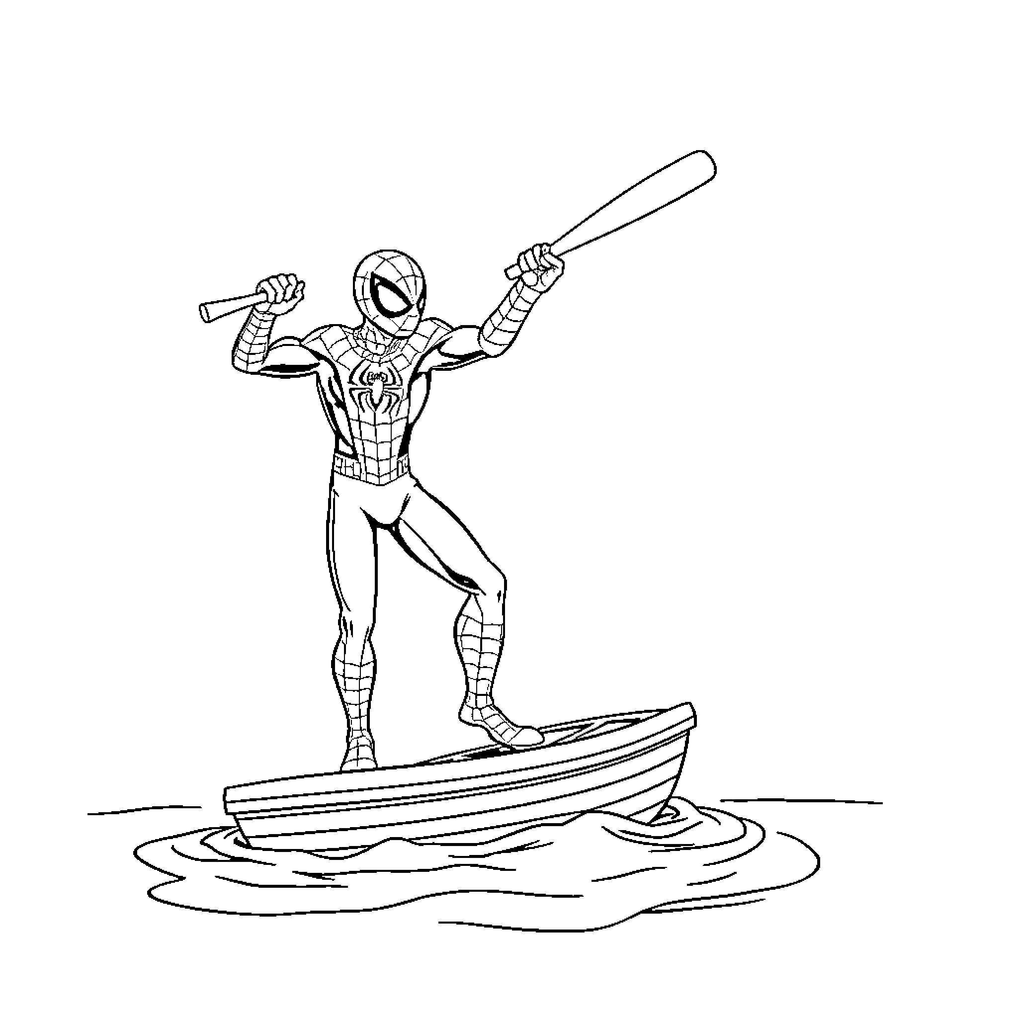 Spiderman surfing on water with webslinging Coloring Page (free black-and-white line drawing printable PDF for all, from beginners to advanced learners, including children, teens, adults, and seniors)