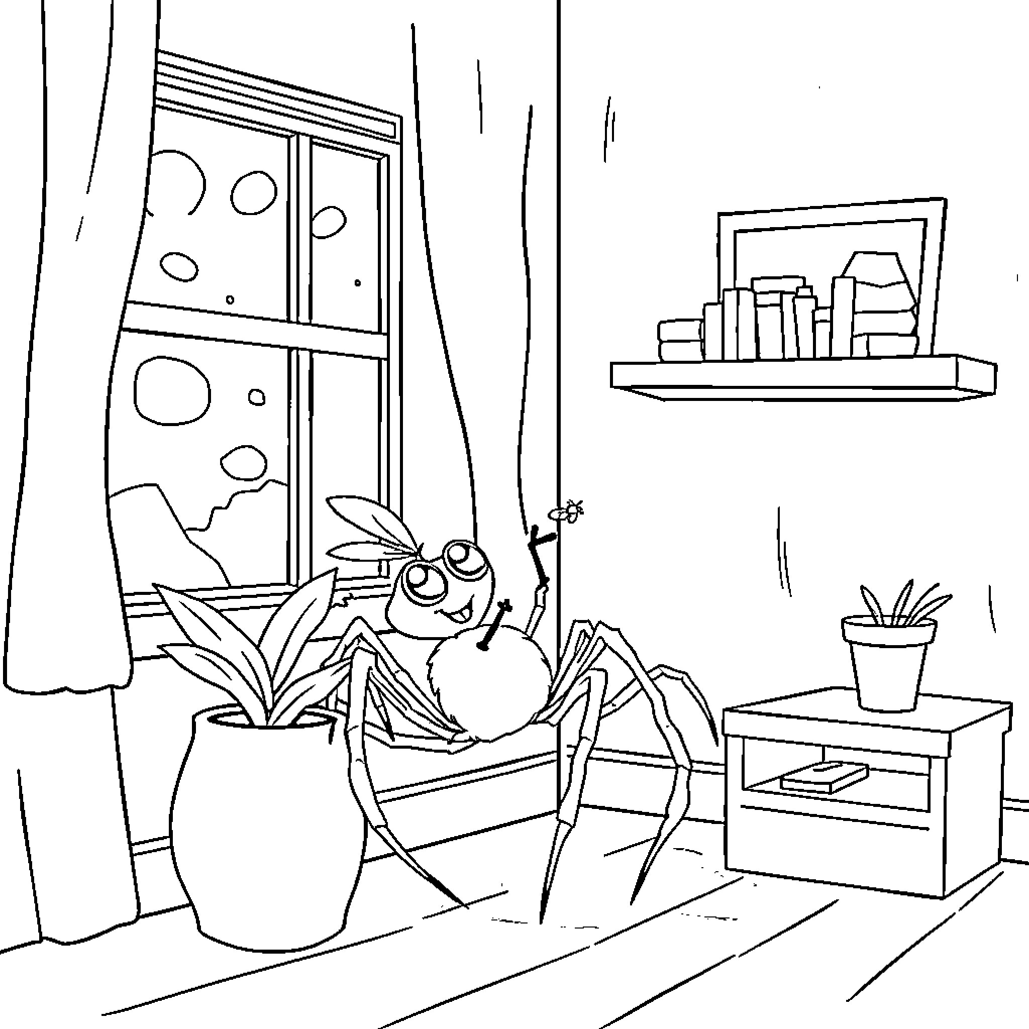 Spider exploring a cozy indoor space Coloring Page (free black-and-white line drawing printable PDF for all, from beginners to advanced learners, including children, teens, adults, and seniors)