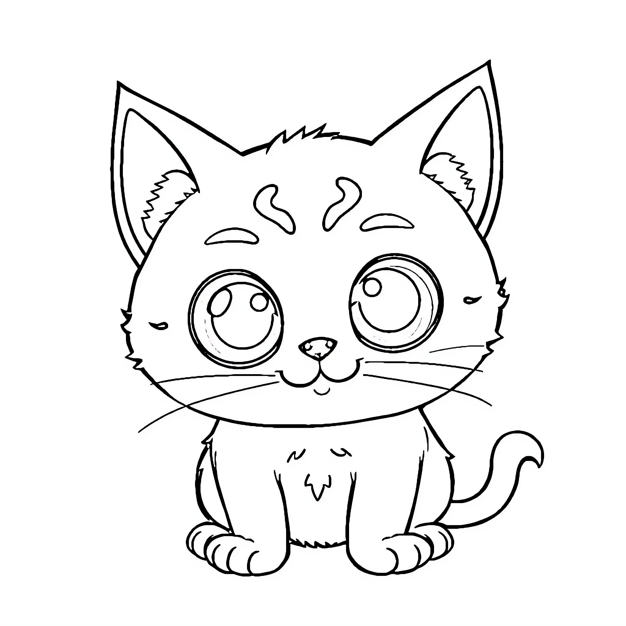 Cat with big eyes and a happy expression Coloring Page (free black-and-white line drawing printable PDF for all, from beginners to advanced learners, including children, teens, adults, and seniors)