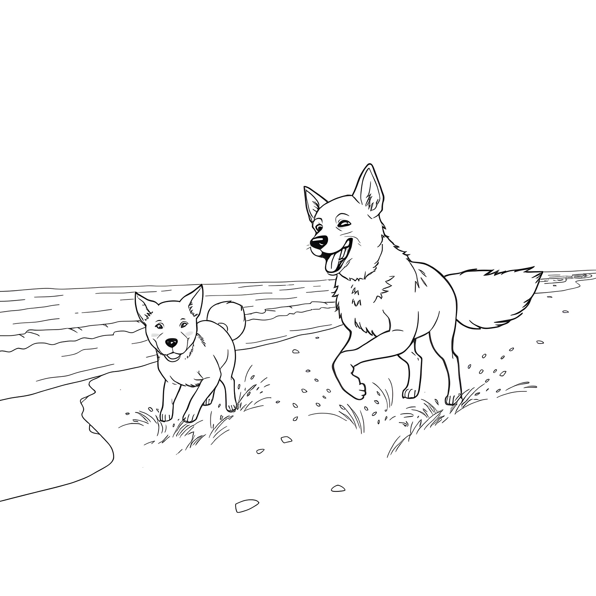 Dogs playing joyfully in the field Coloring Page (free black-and-white line drawing printable PDF for all, from beginners to advanced learners, including children, teens, adults, and seniors)