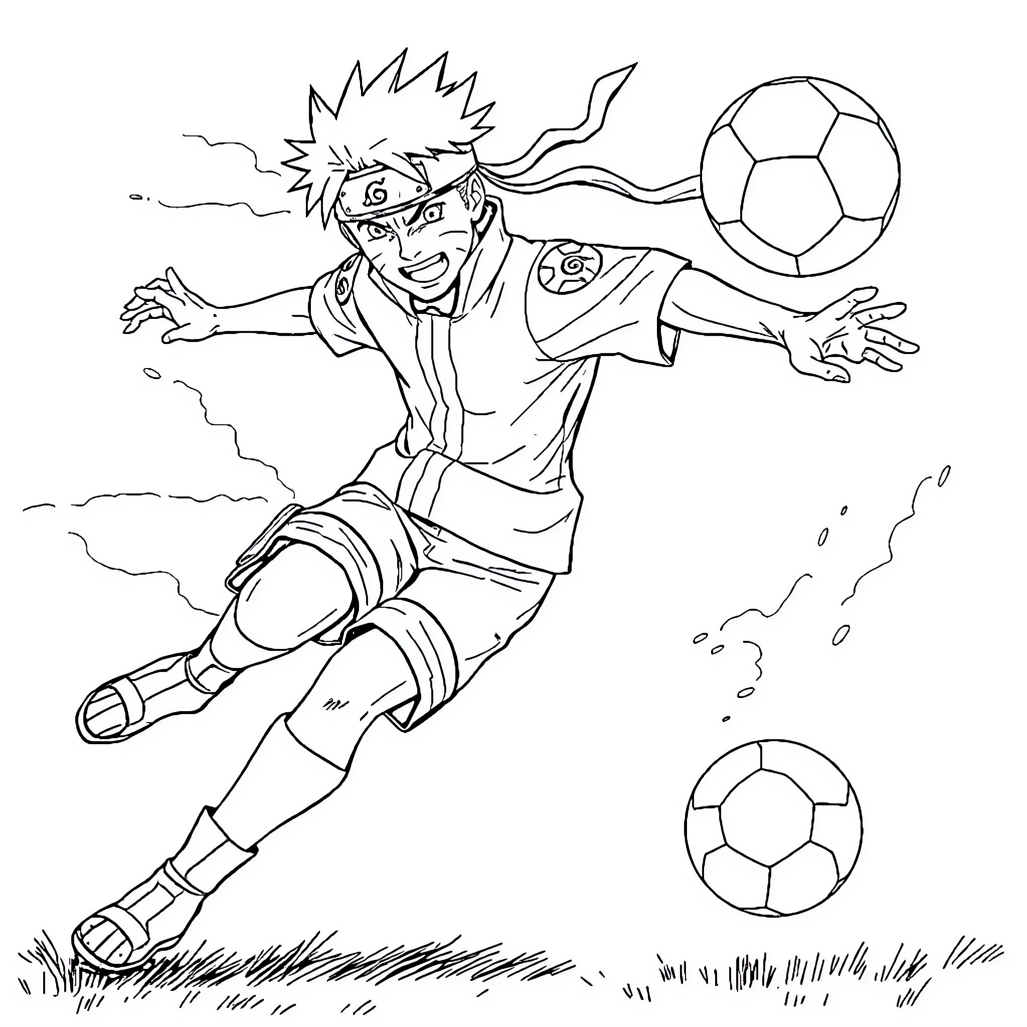 Naruto's Thrilling Soccer Match Coloring Page (free black-and-white line drawing printable PDF for all, from beginners to advanced learners, including children, teens, adults, and seniors)