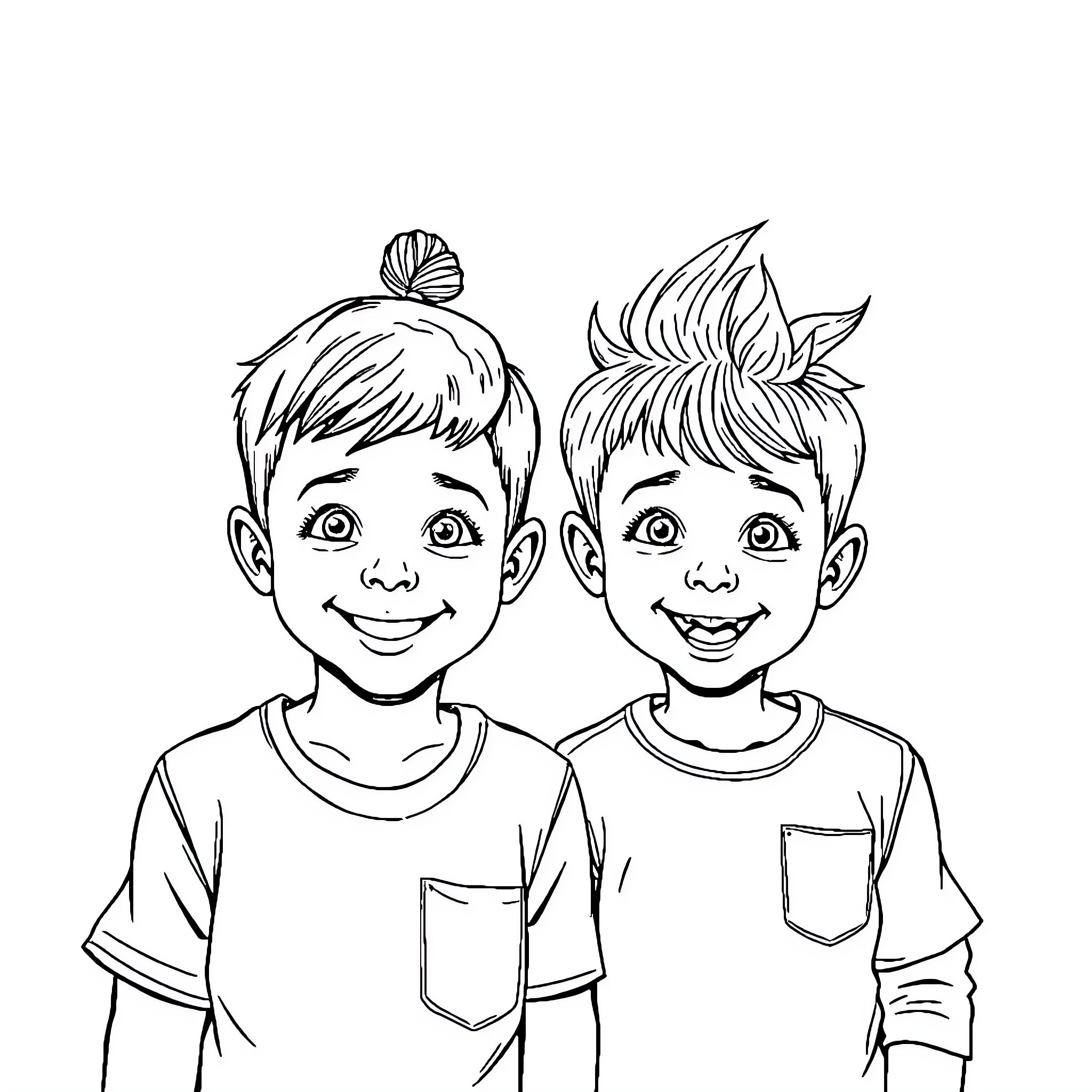 Boy siblings playing together happily Coloring Page (free black-and-white line drawing printable PDF for all, from beginners to advanced learners, including children, teens, adults, and seniors)