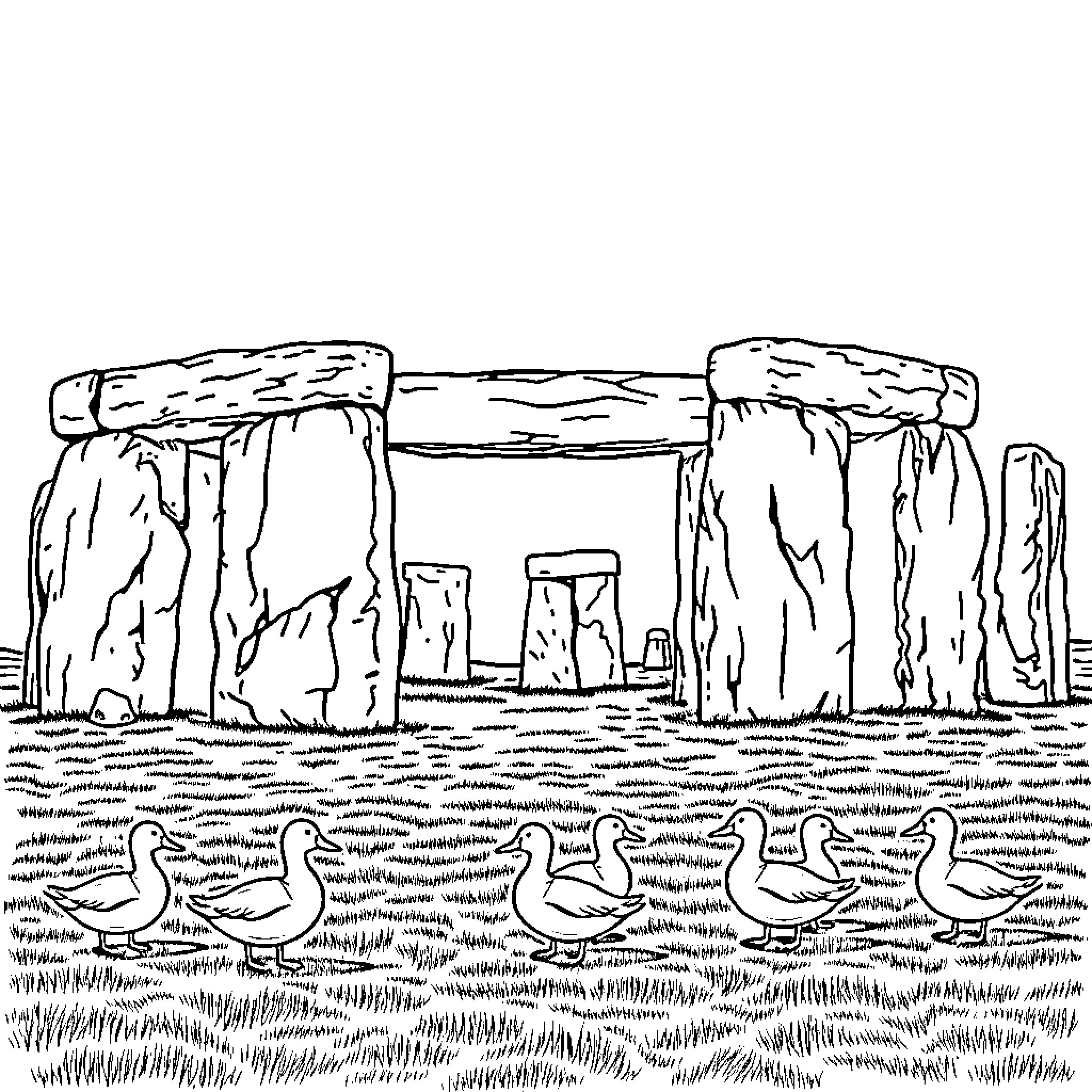 Duck exploring ancient stone ruins with ducklings Coloring Page (free black-and-white line drawing printable PDF for all, from beginners to advanced learners, including children, teens, adults, and seniors)