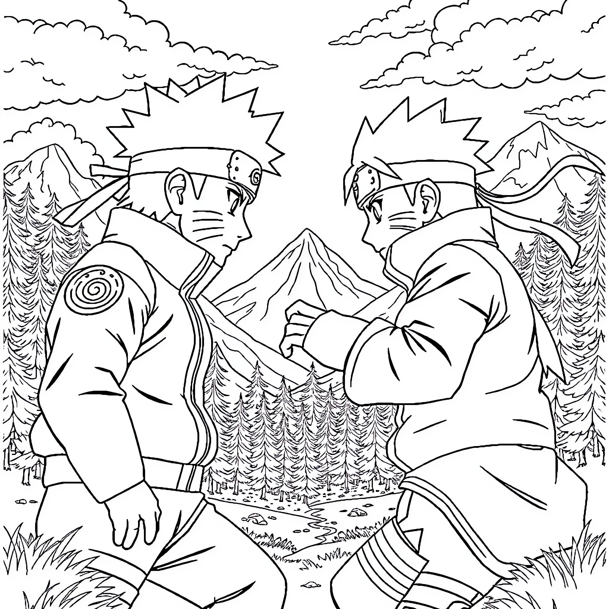 Naruto characters in an outdoor adventure scene Coloring Page (free black-and-white line drawing printable PDF for all, from beginners to advanced learners, including children, teens, adults, and seniors)