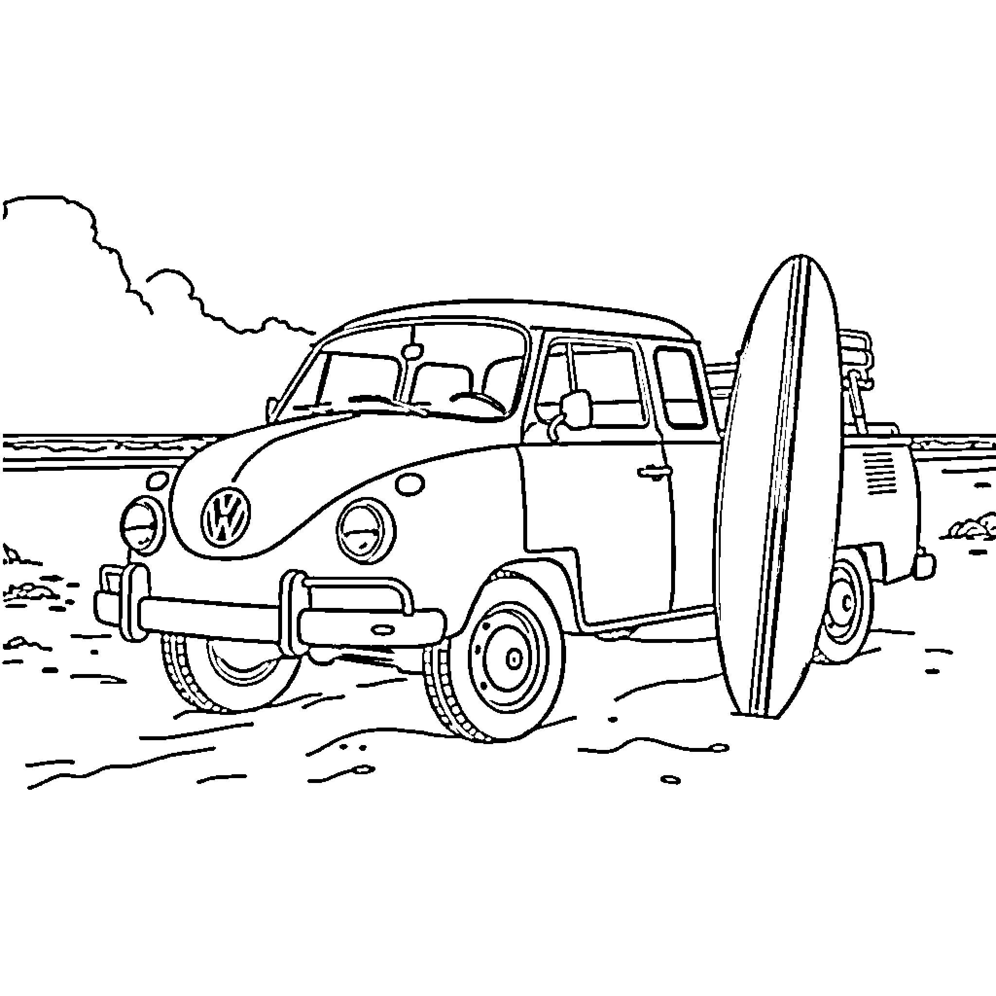 VW Truck Carrying Surfboard by the Beach Coloring Page (free black-and-white line drawing printable PDF for all, from beginners to advanced learners, including children, teens, adults, and seniors)