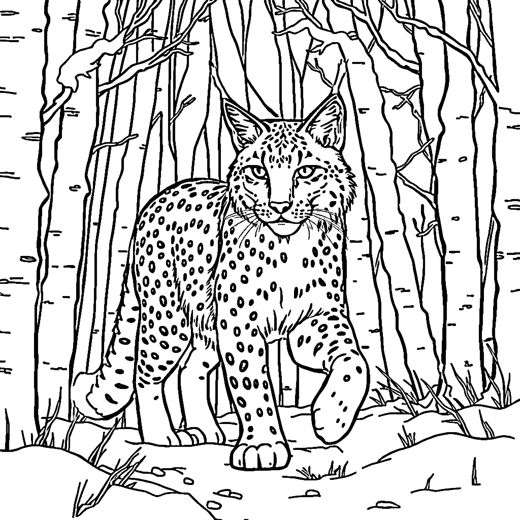 Lynx stalking in the dense forest Coloring Page (free black-and-white line drawing printable PDF for all, from beginners to advanced learners, including children, teens, adults, and seniors)