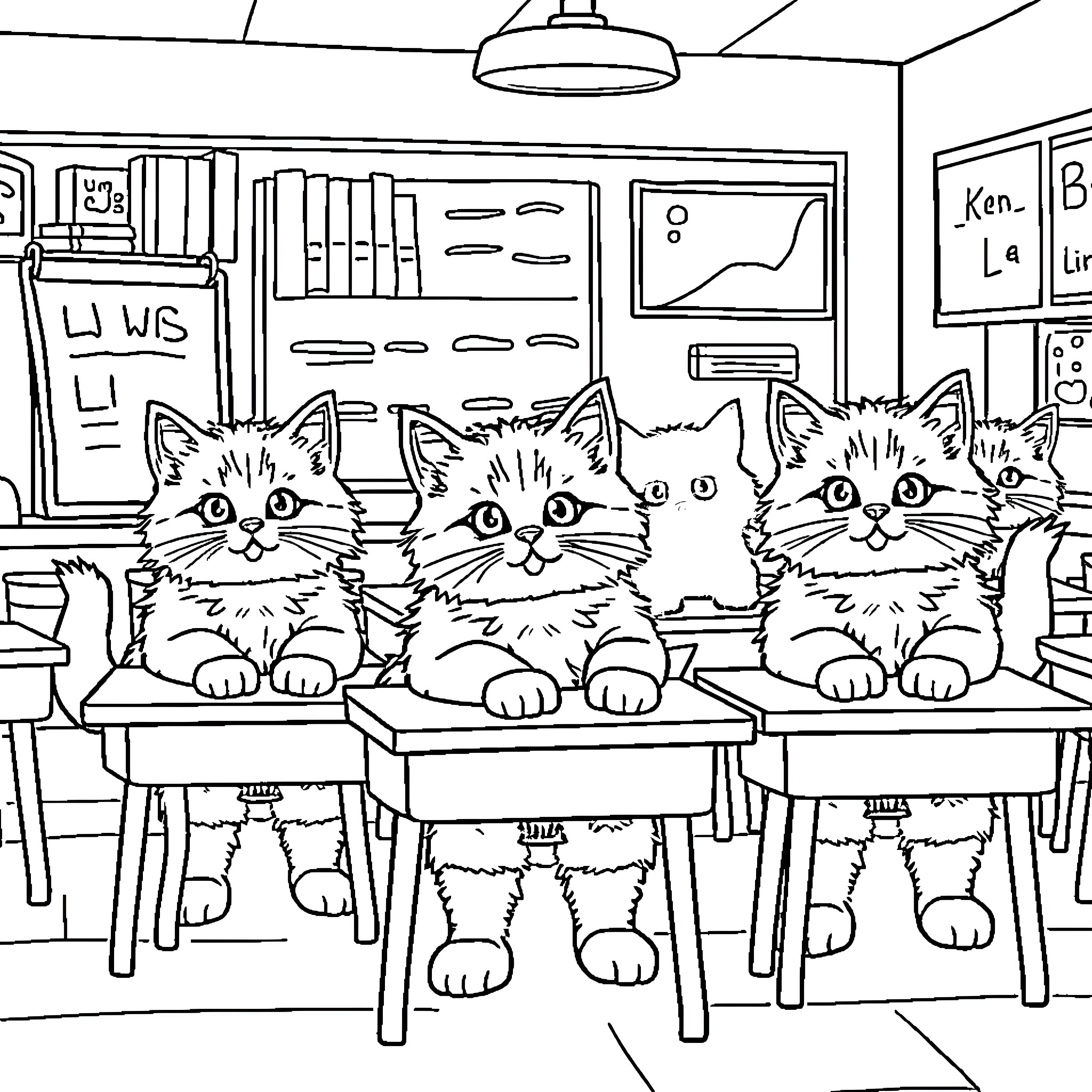 Cats sitting together in a classroom setting Coloring Page (free black-and-white line drawing printable PDF for all, from beginners to advanced learners, including children, teens, adults, and seniors)