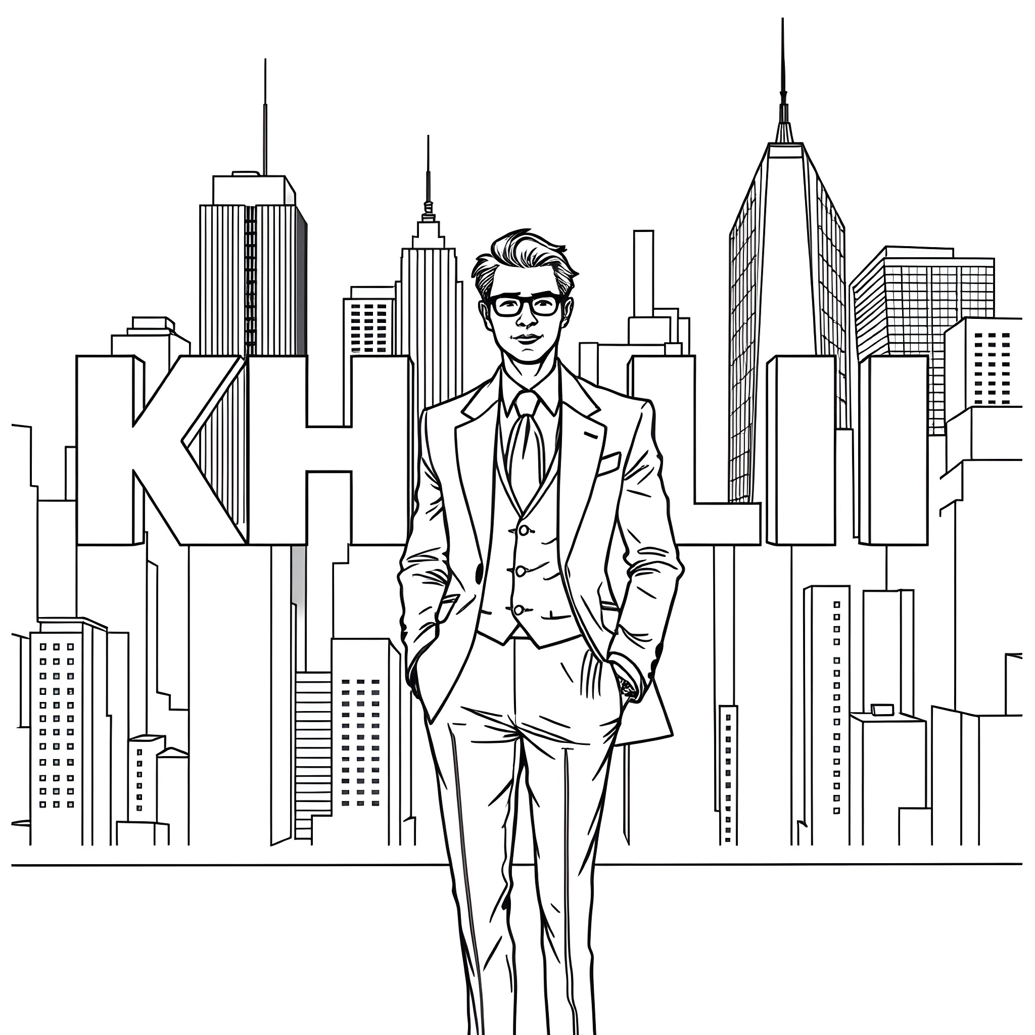Khalil, the businessman, in the bustling city skyline Coloring Page (free black-and-white line drawing printable PDF for all, from beginners to advanced learners, including children, teens, adults, and seniors)