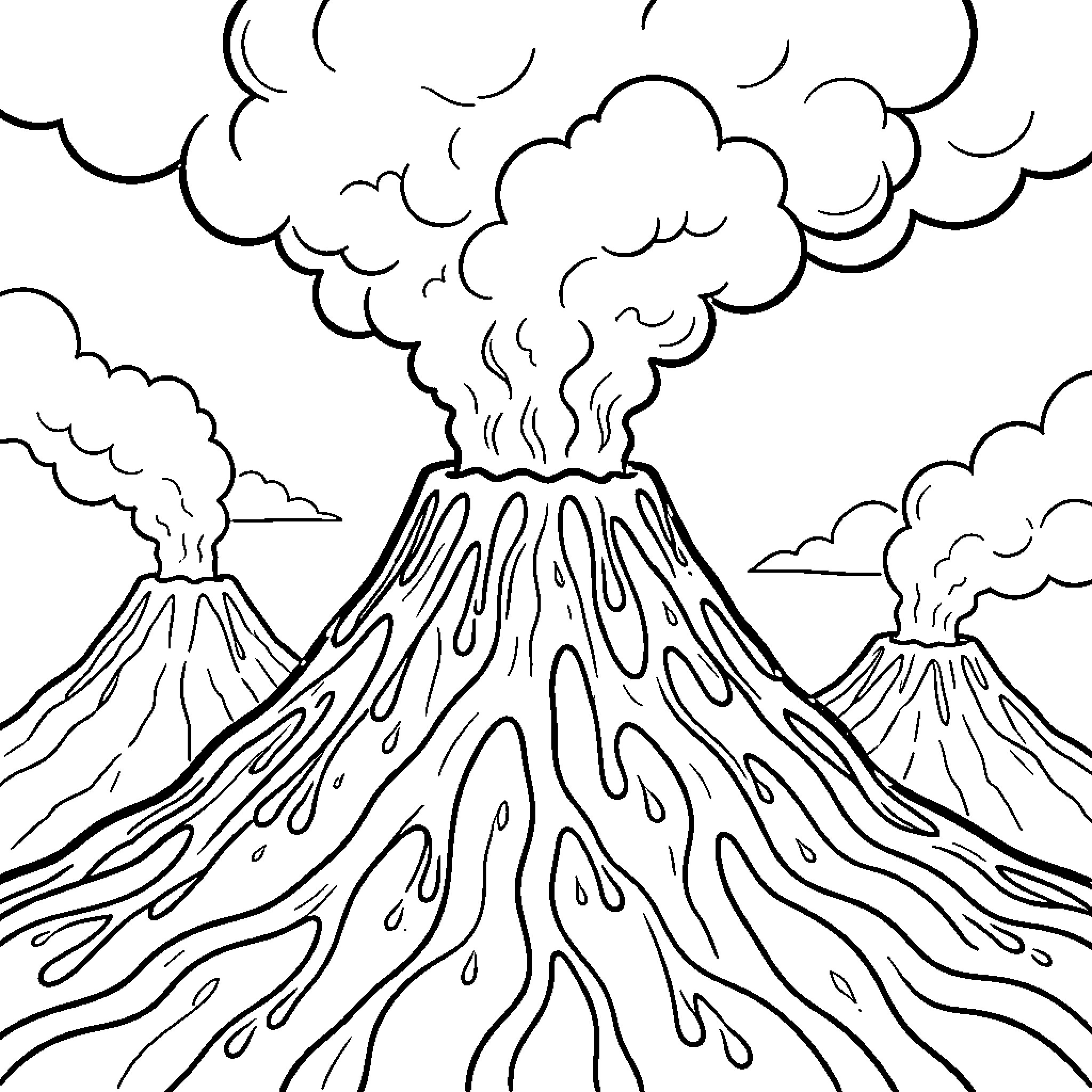 Volcano erupting in the clouds Coloring Page (free black-and-white line drawing printable PDF for all, from beginners to advanced learners, including children, teens, adults, and seniors)