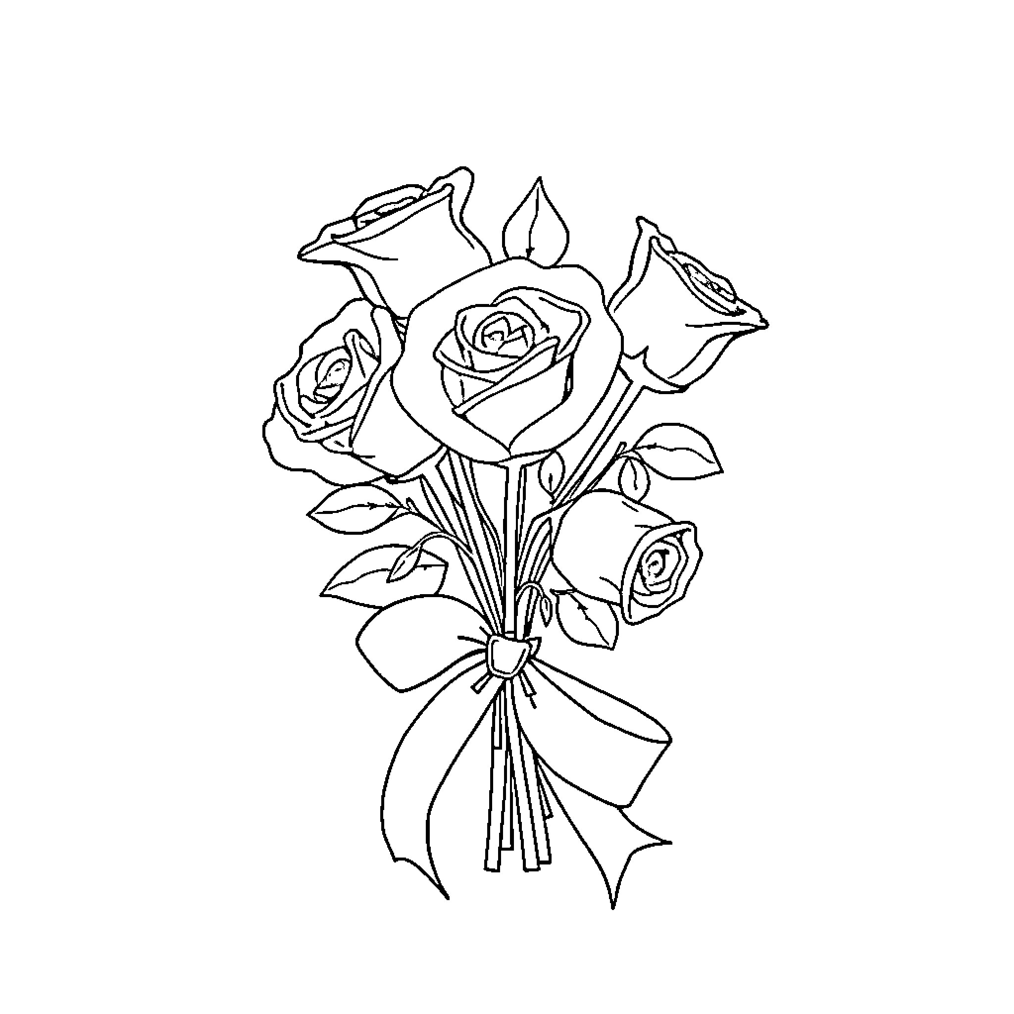 Rose bouquet with ribbon Coloring Page (free black-and-white line drawing printable PDF for all, from beginners to advanced learners, including children, teens, adults, and seniors)