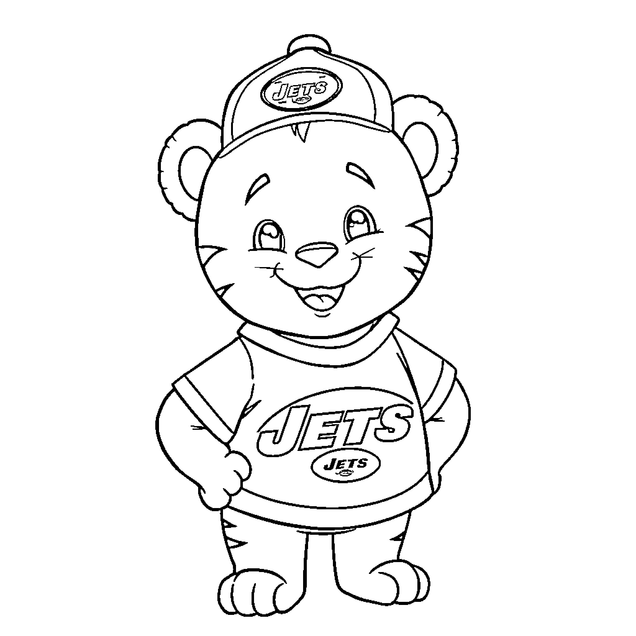 Daniel Tiger wearing a Jets jersey and cap Coloring Page (free black-and-white line drawing printable PDF for all, from beginners to advanced learners, including children, teens, adults, and seniors)