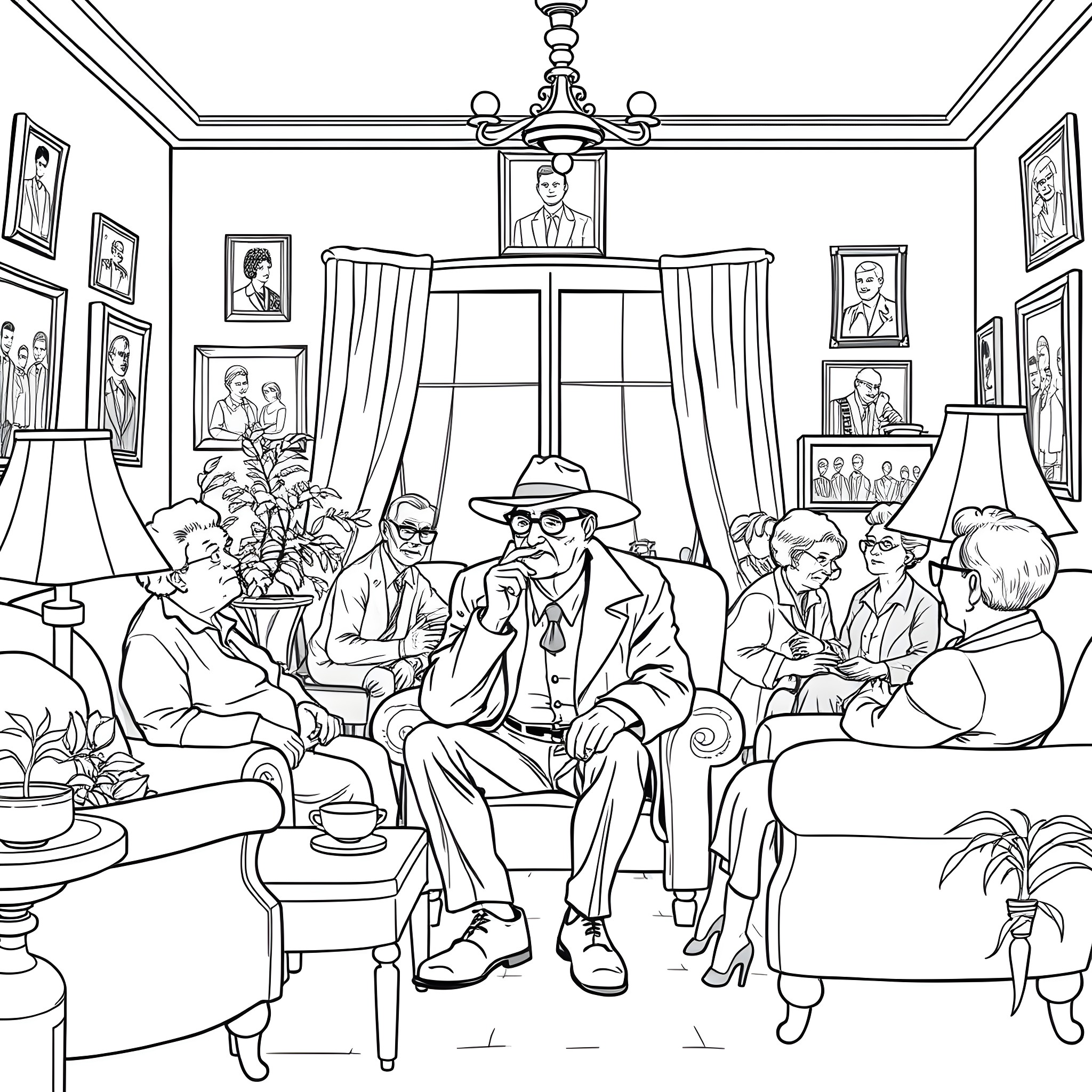 Detective meeting with group of people in elegant room Coloring Page (free black-and-white line drawing printable PDF for all, from beginners to advanced learners, including children, teens, adults, and seniors)