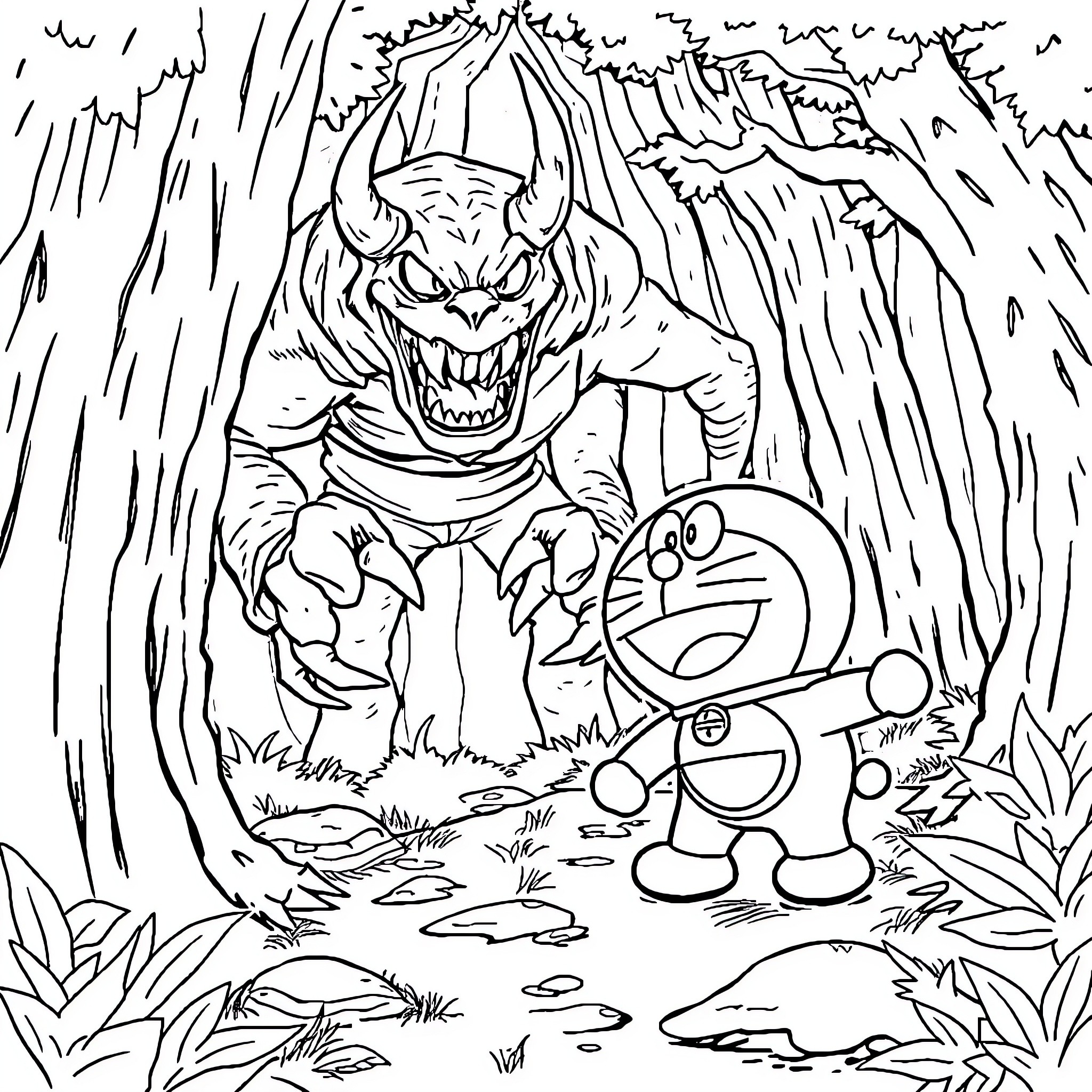Doraemon confronts a fearsome creature in the forest Coloring Page (free black-and-white line drawing printable PDF for all, from beginners to advanced learners, including children, teens, adults, and seniors)